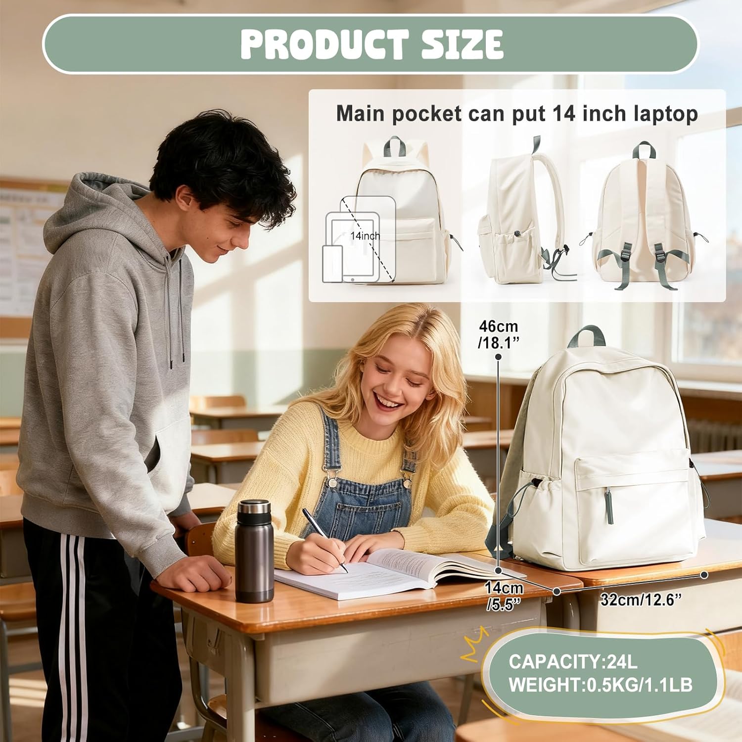 VECAVE School Backpack for Women Men, Lightweight Travel Casual Daypack Laptop Rucksack, Waterproof College High Secondary School Bags Bookbag for Boys Girls Teens BeigeGreen - Image 2