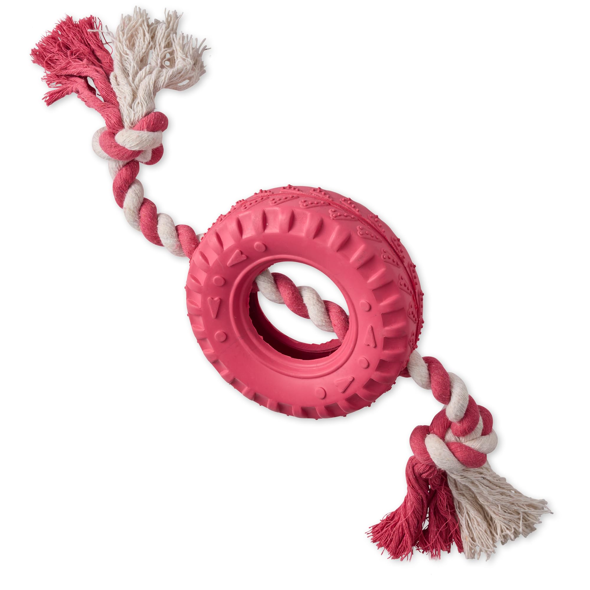 Pet Passion Natural Rubber Tire and Organic Cotton Rope Pull and Chew Dog Toy for All Pet Breeds, Pink, One Size