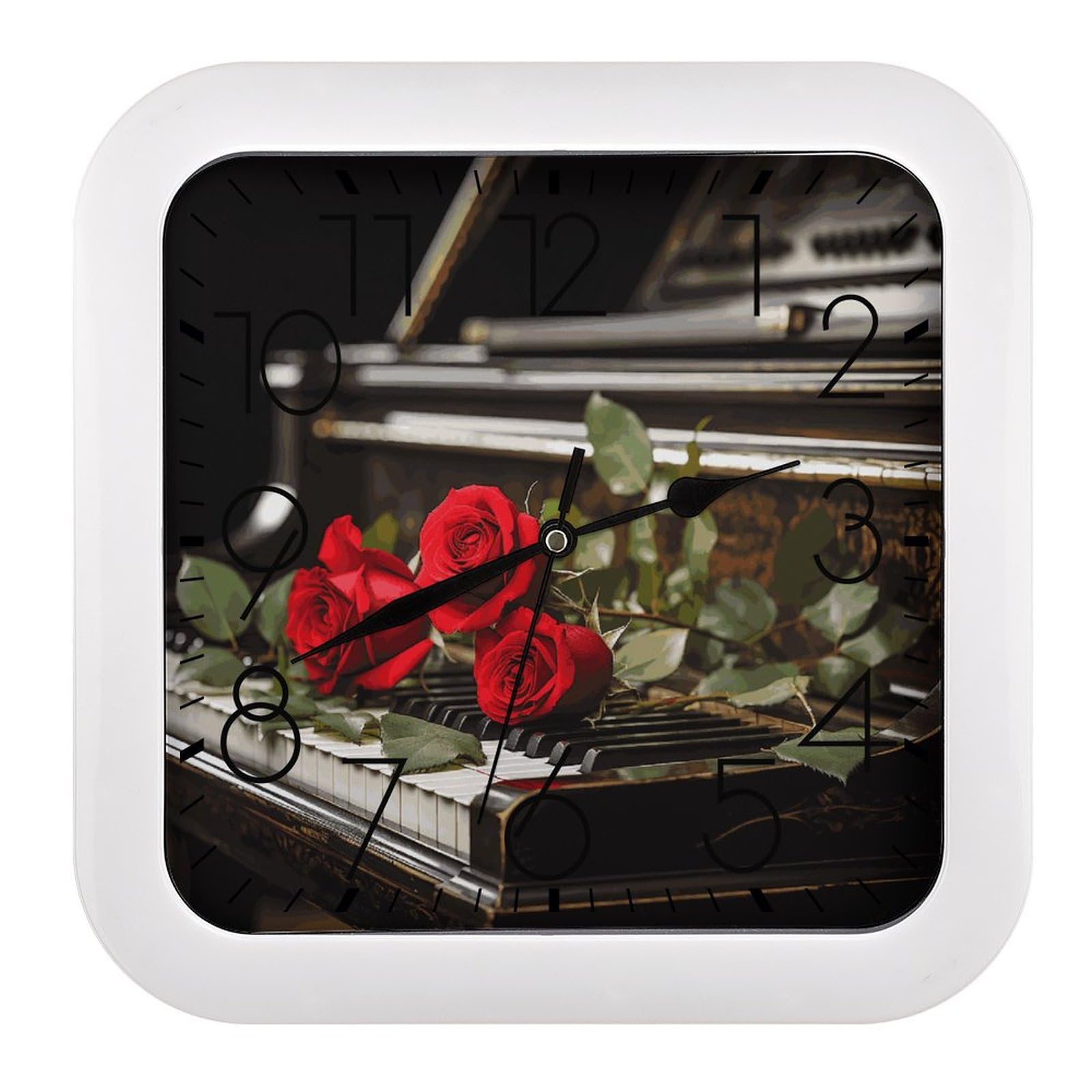 Horloge murale carrée 25,4 cm rose rouge et piano plastique à piles