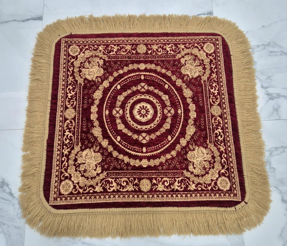 Soft Chenille Prayer Mat | 1.5x1.5 Feet Traditional Central Mandala Motif Design Pooja Aasan | Multipurpose Square Rug for Meditation, Yoga, Puja Room & Home (Pack of 2, Red)-image-31