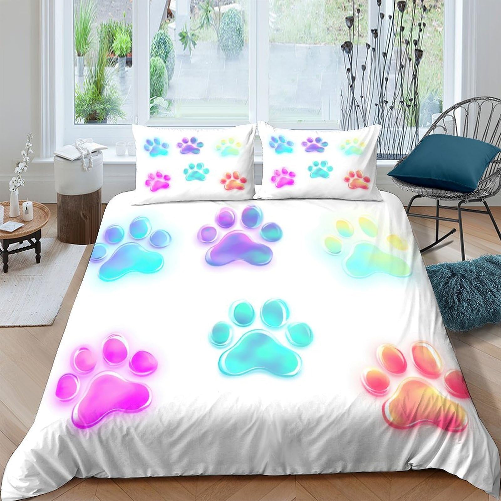 GPLZQXKJNH 3D Printed Colorful Paw Duvet Cover Microfiber Soft Breathable Rainbow Animal Bedding Set with 2 Pillowcases for Bedroom Decor Single（135x200cm）