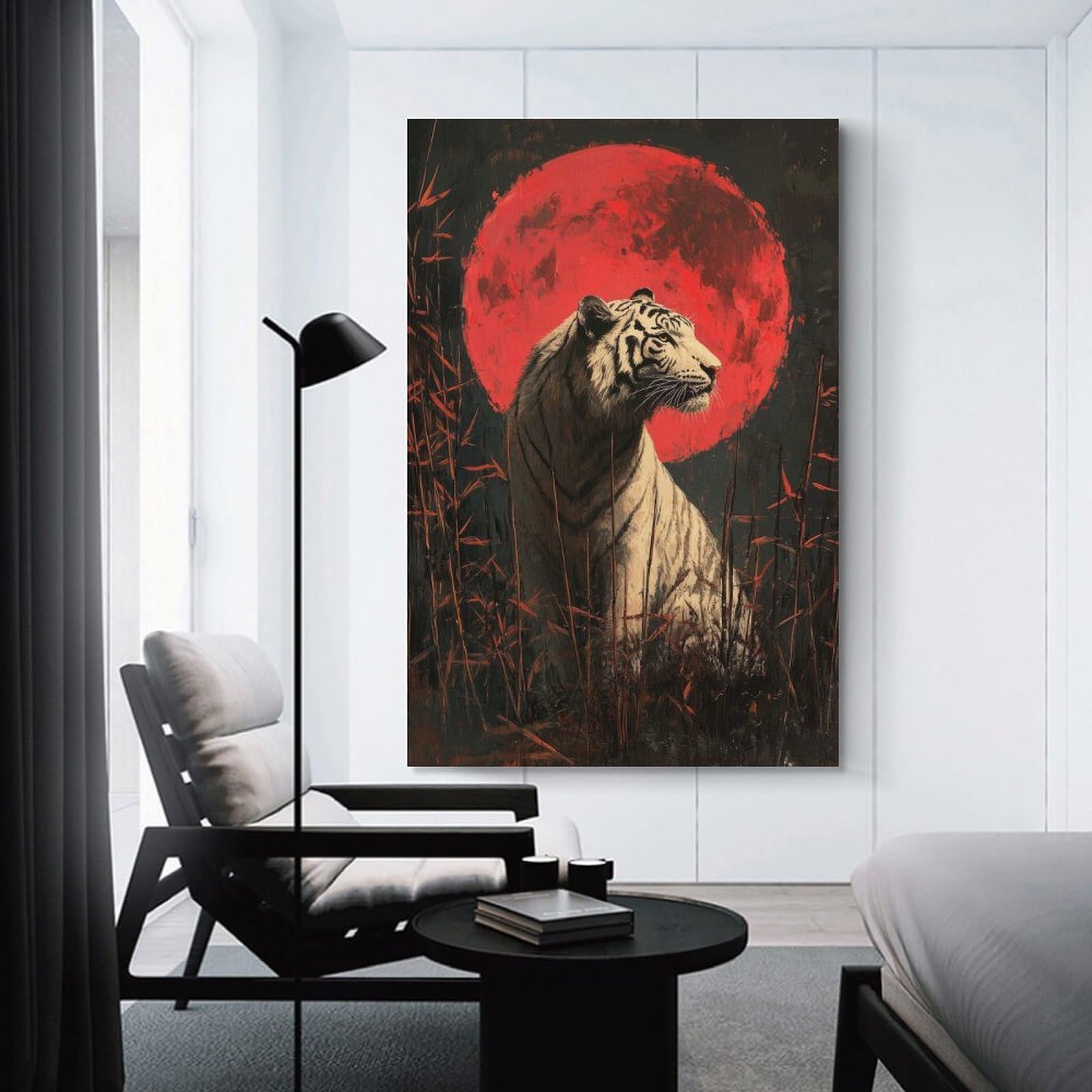Junmoney Unframe-Style-1 Canvas Wall Art White Tiger Under Blood Moon, 12X18inch(30X45cm), For Lounge, Study, Hallway Or Flat Walls, Canvas Wall Art That Fits Changing Layouts