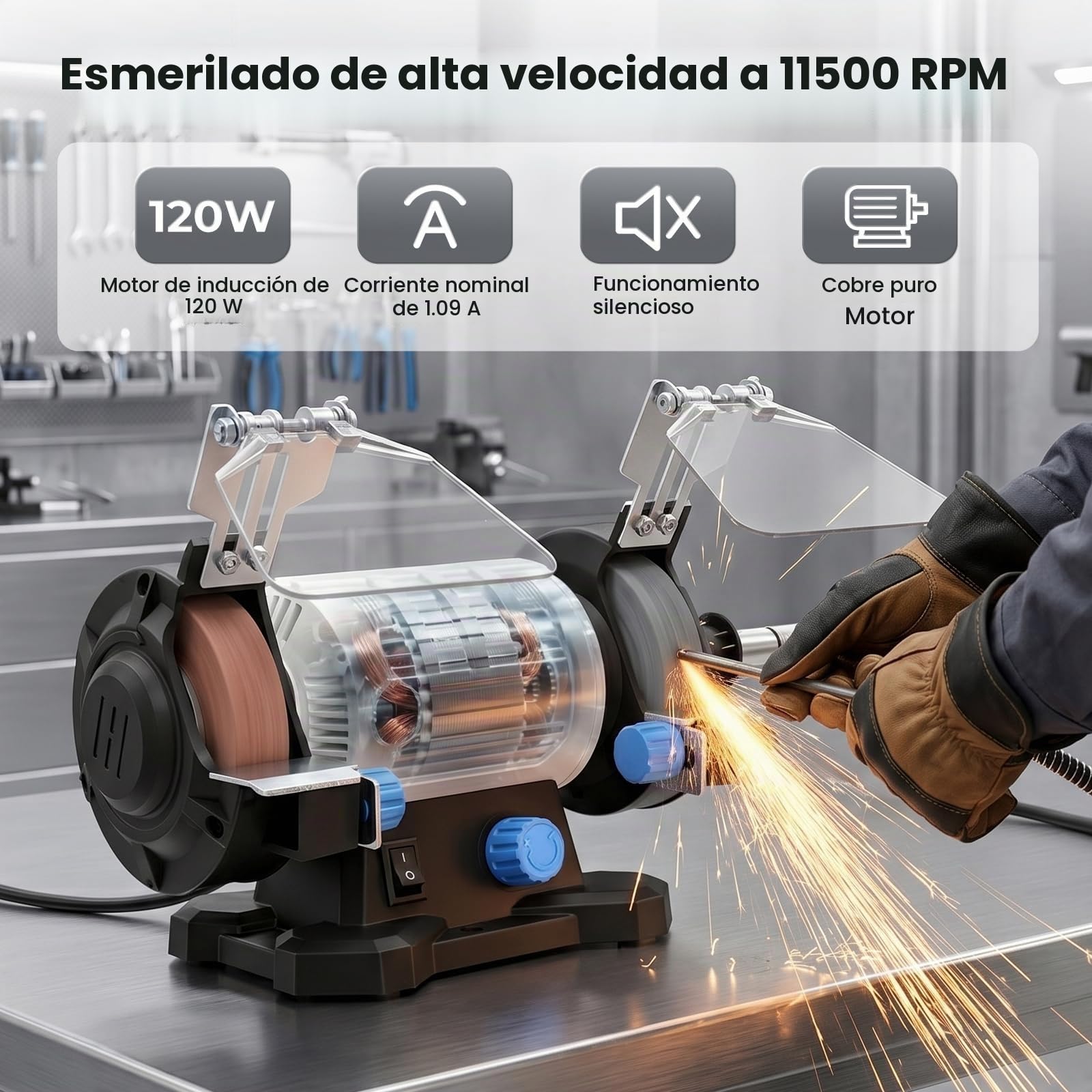 Yofuly Mini Amoladora de Banco 120W con Velocidad Variable, Esmeriladora Doble 11500 RPM, Disco de Pulido y Rectificado de 75 mm, para Metal, Madera, Joyería y Afilado