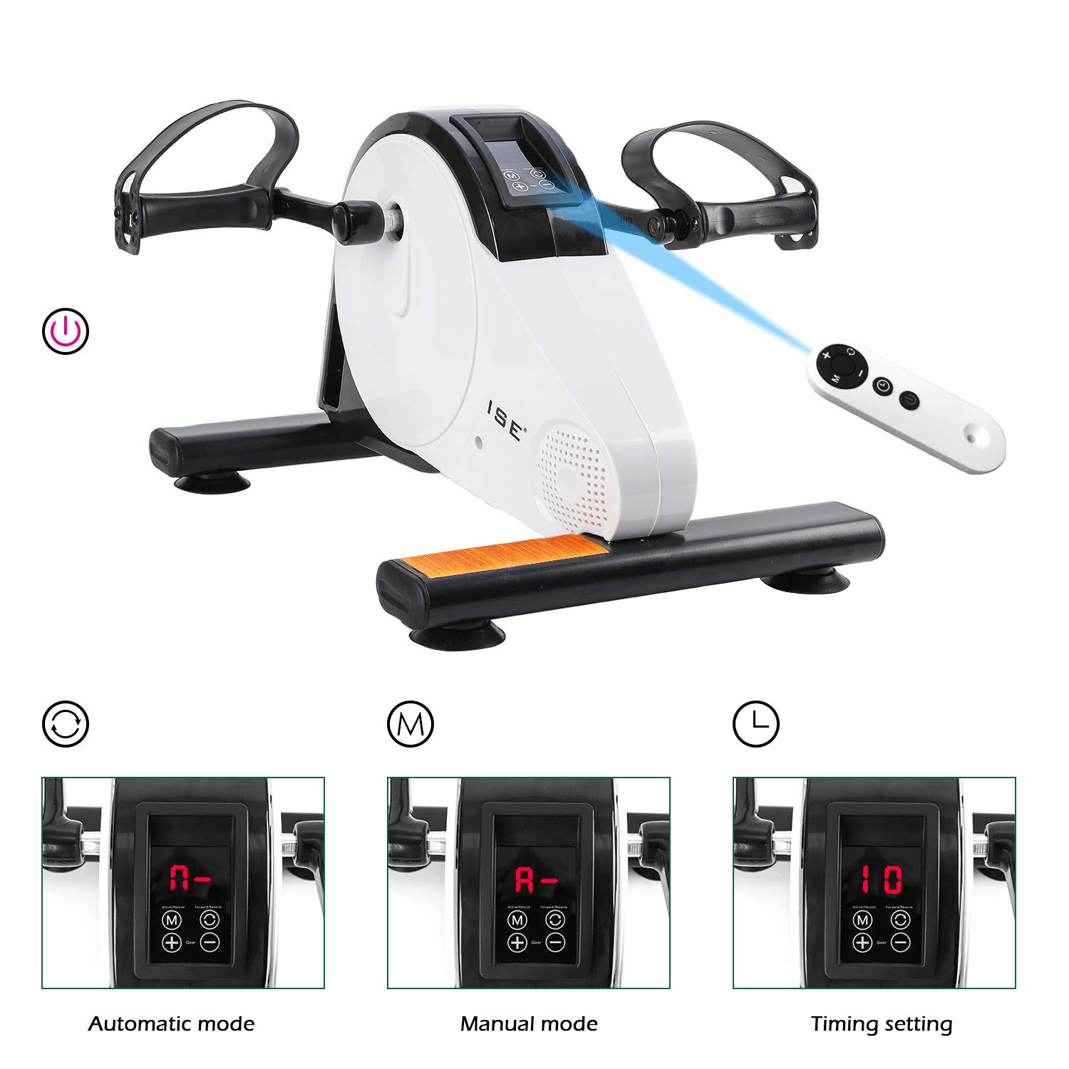 ISE - Mini cyclette con pedaliera pieghevole, resistenza regolabile, schermo LCD con telecomando, dispositivo per lavorare gambe e braccia, fitness cardio, sport, SY-8117