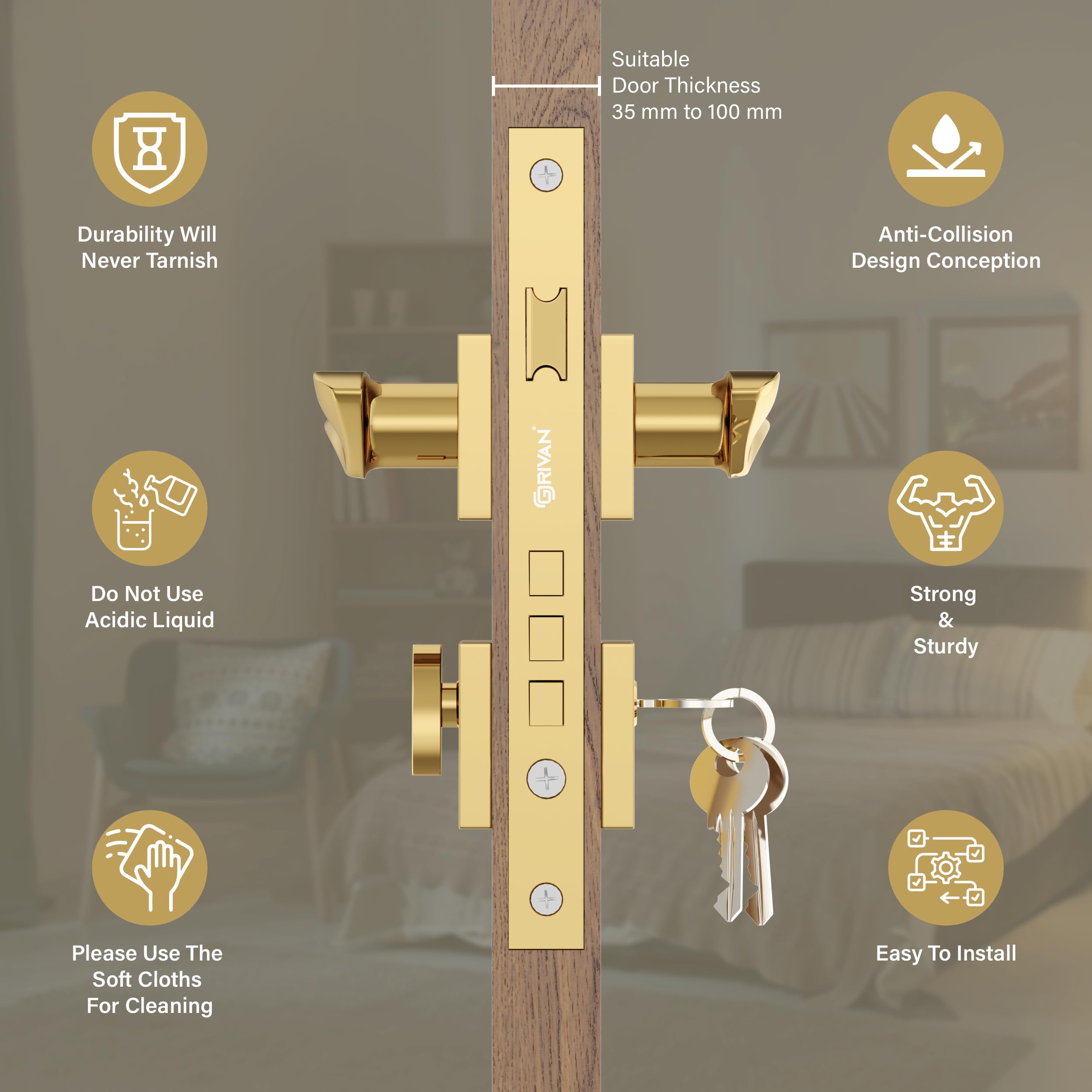 GRIVAN Premium Heavy Duty Door Locks for Main Door, Mortise Door Lock Set with 3 Brass Keys, Bedroom Door Lock, Handle Lock for Home/Office/Hotel (Gold Finish) | 2 Years Warranty — Amazon image 4