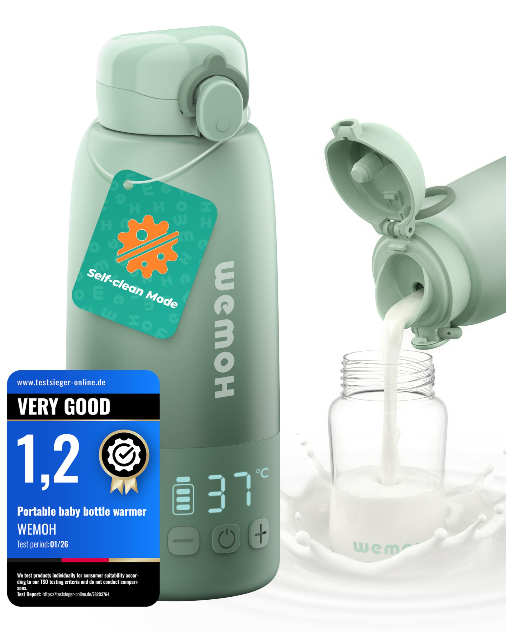Wemoh Portable Milk Warmer for Travel with Self-Clean Function, Precise Temp Control & 8 Feeds per Charge