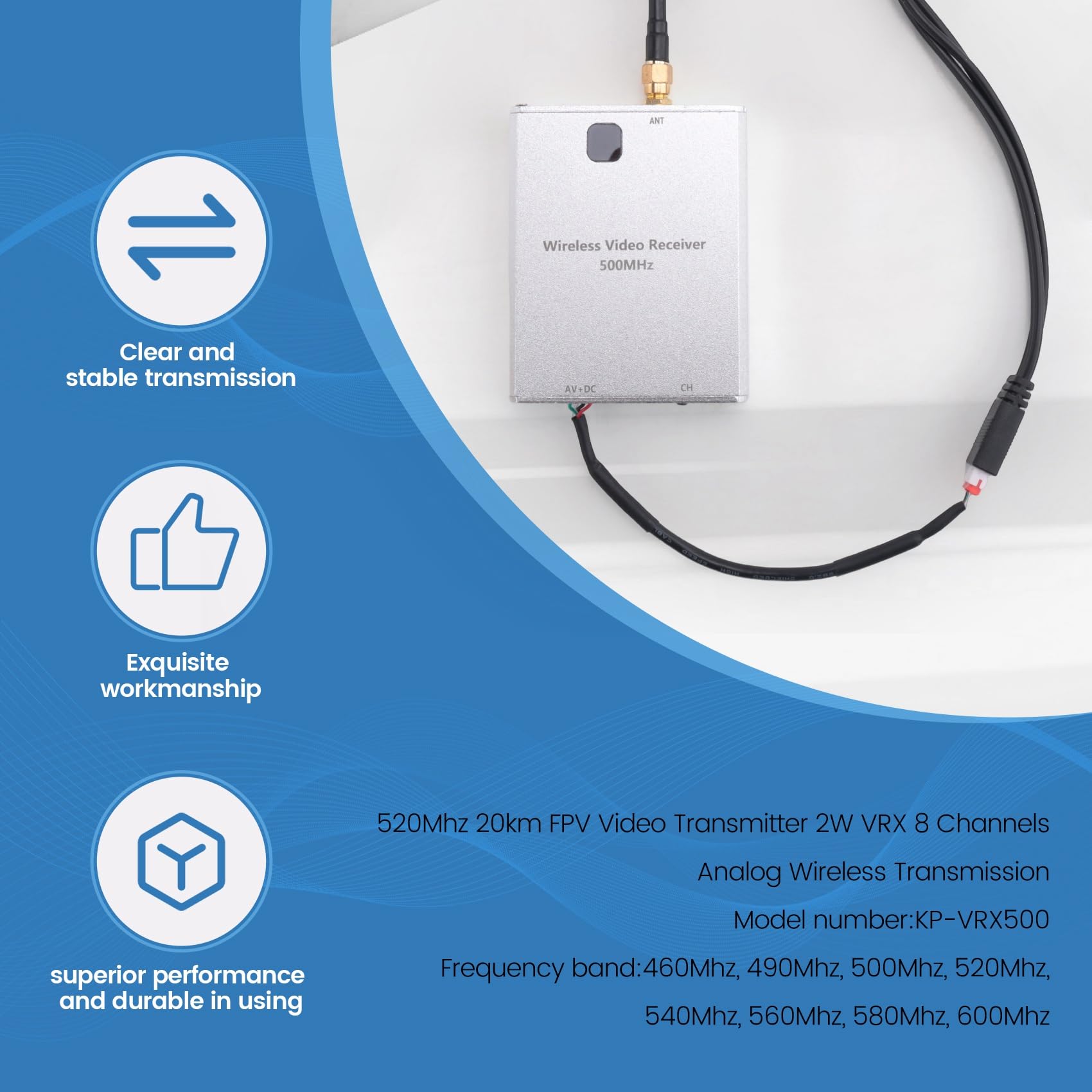 Trasmettitore Video FPV 520Mhz 20km 2W VRX 8 Canali Trasmissione Wireless Analogica