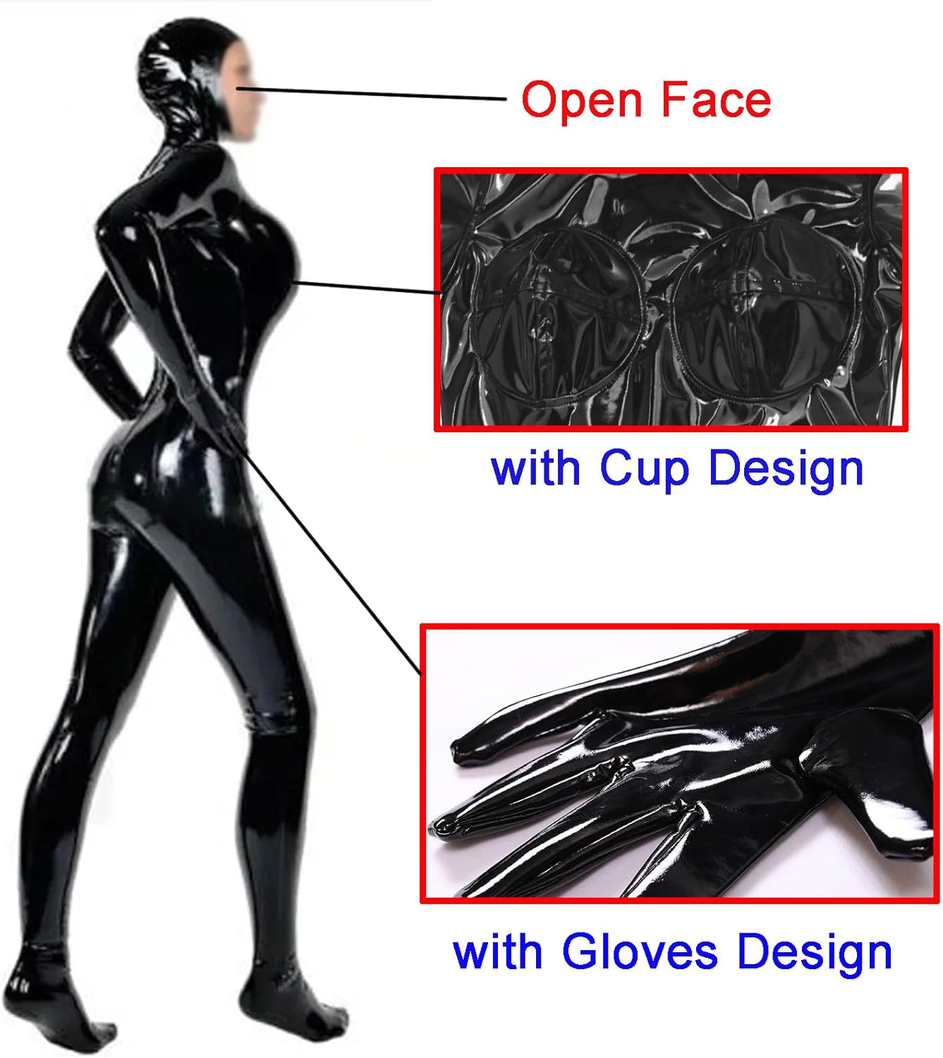 LESOYA Women's Full Body Suit Shiny Wetlook PVC Leather Catsuit Open Face Zipper Bodysuit with Gloves