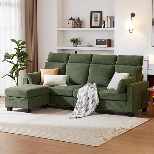 CHIC HOUSE Corduroy Modular Sectional Couch with Ottoman Chaise, L/U Shaped Sleeper Sofa for Living Room, Apartment, Lounge, Modern Armrest Neck Support Furniture (5 Sectional + Headrest, Green)