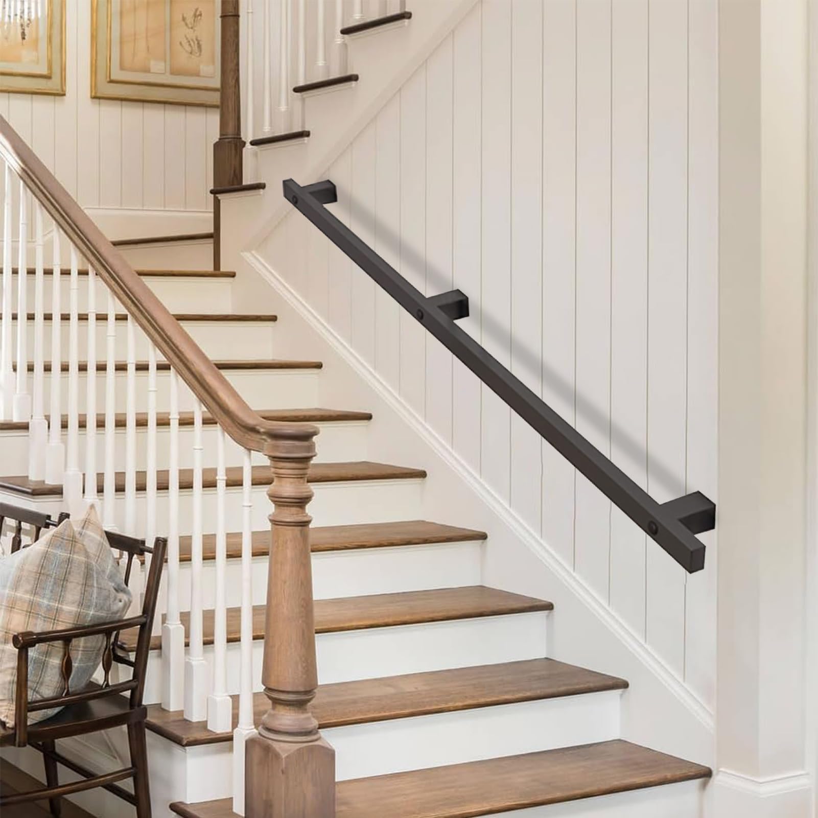 Rampe d'escalier extérieure murale en fer noir mat 330 cm avec barre d'appui de couloir