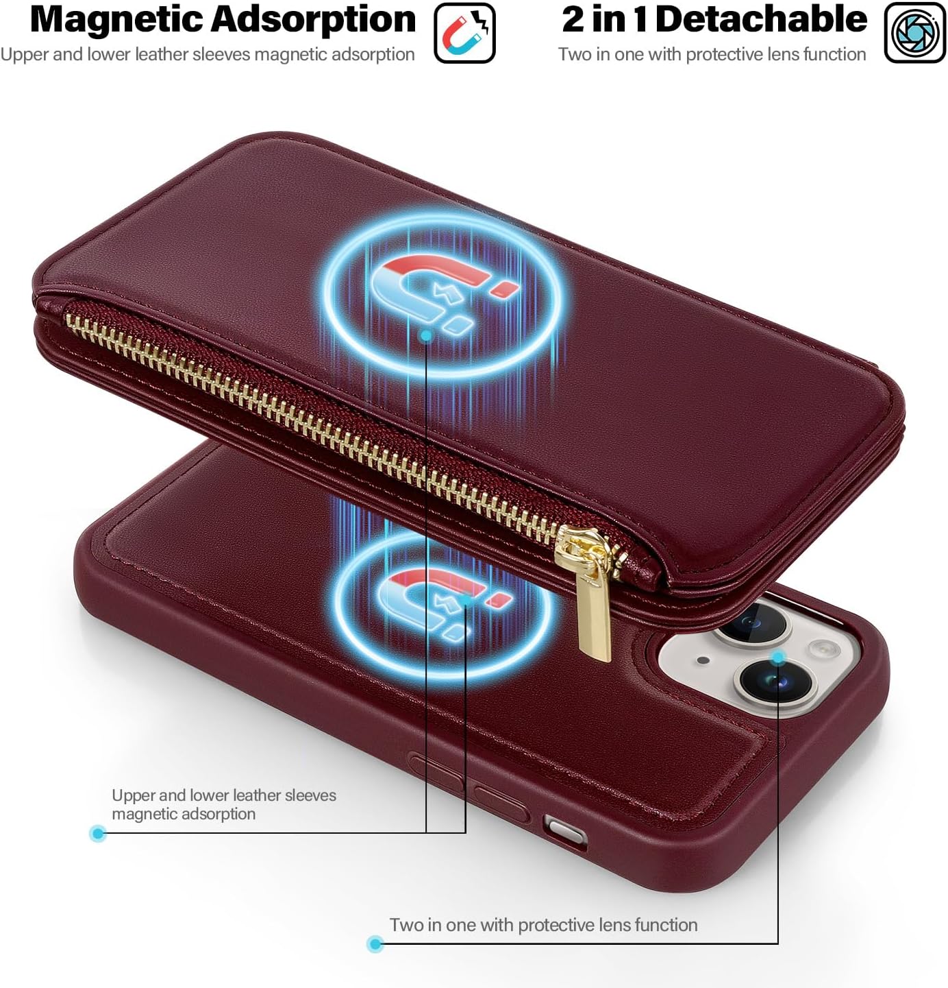 Antsturdy 2 in 1 Detachable for iPhone 14 Plus Wallet case with Magsafe,RFID Blocking Magnetic Wireless Charging PU Leather Phone case Flip Folio Cover Card Holder Wrist Strap Women Men,Wine Red