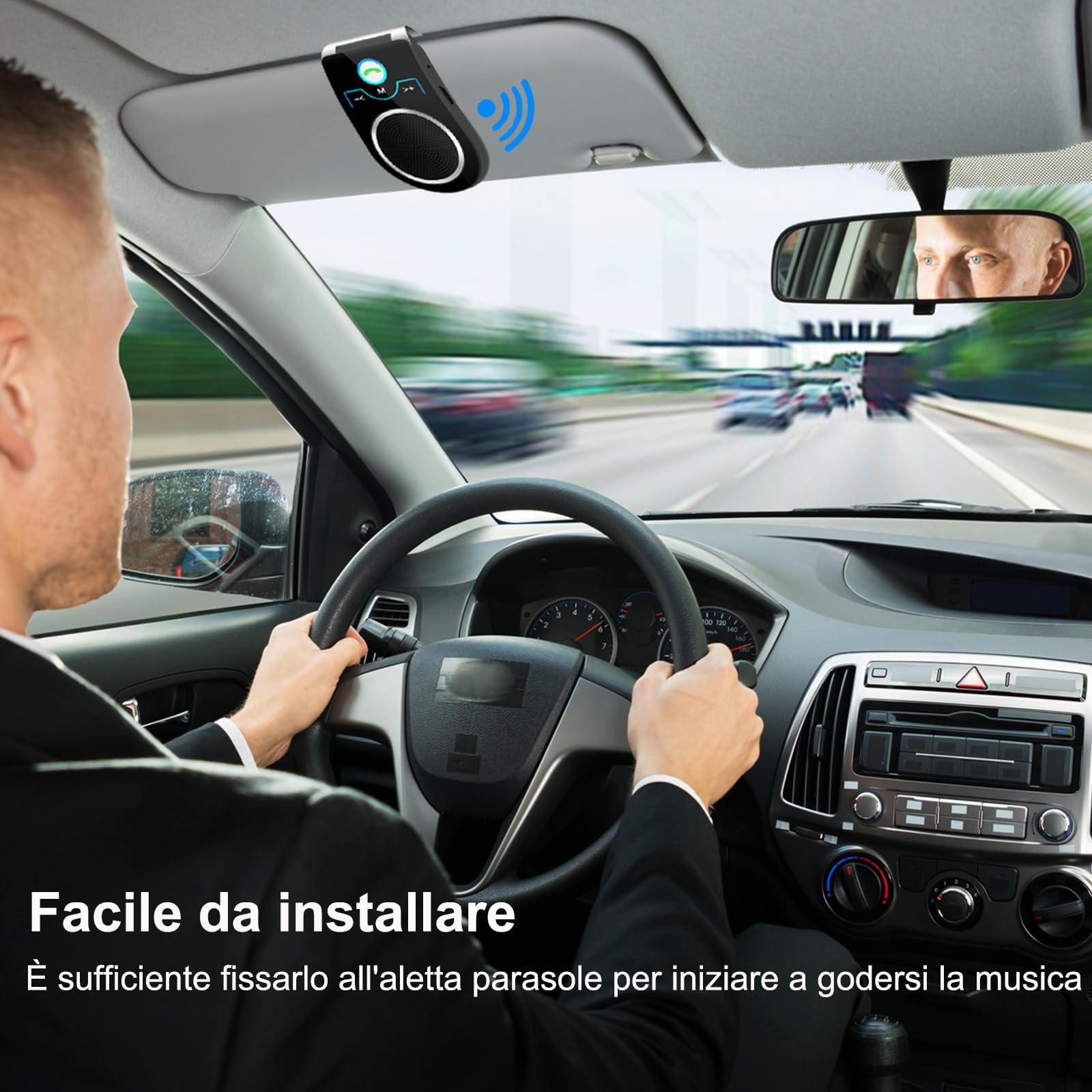 Kit Vivavoce Bluetooth 5.0 per Auto, Microfono Integrato,Vivavoce da Auto Bluetooth per Chiamate Viva Voce, Musicale, GPS, Connettività Dual Link, iOS Siri e Vocale Assistant