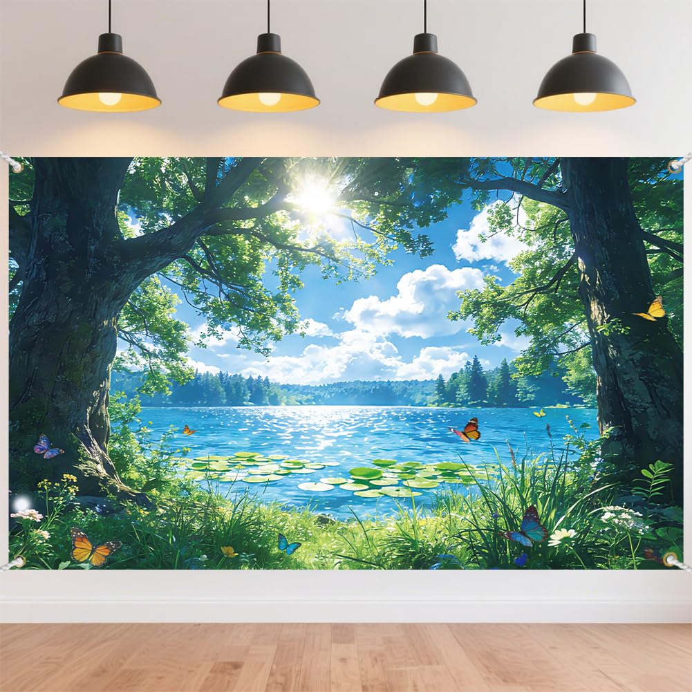 CRAFTYMELODY Lake Scenery Banner 72×44 Inch Natural Tree Water Backdrop Decoraiton Wall Banner Indoor Outdoor with Grommets 3.2 Yard String for Photo Booth Party Garden Decoration