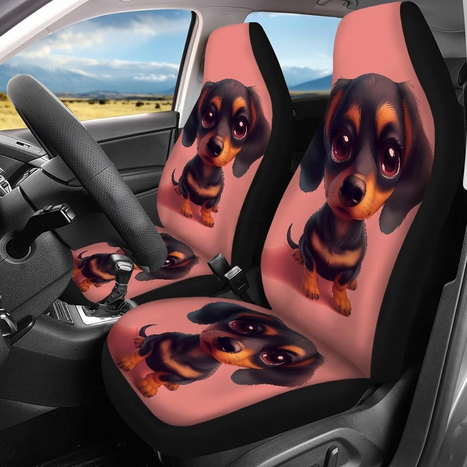 Amzbeauty Dog Dachshund Pink Print Car Seat Cover Cute Breathable Automotive Seat Protector Car Seat Cover Full Set for Women Gifts