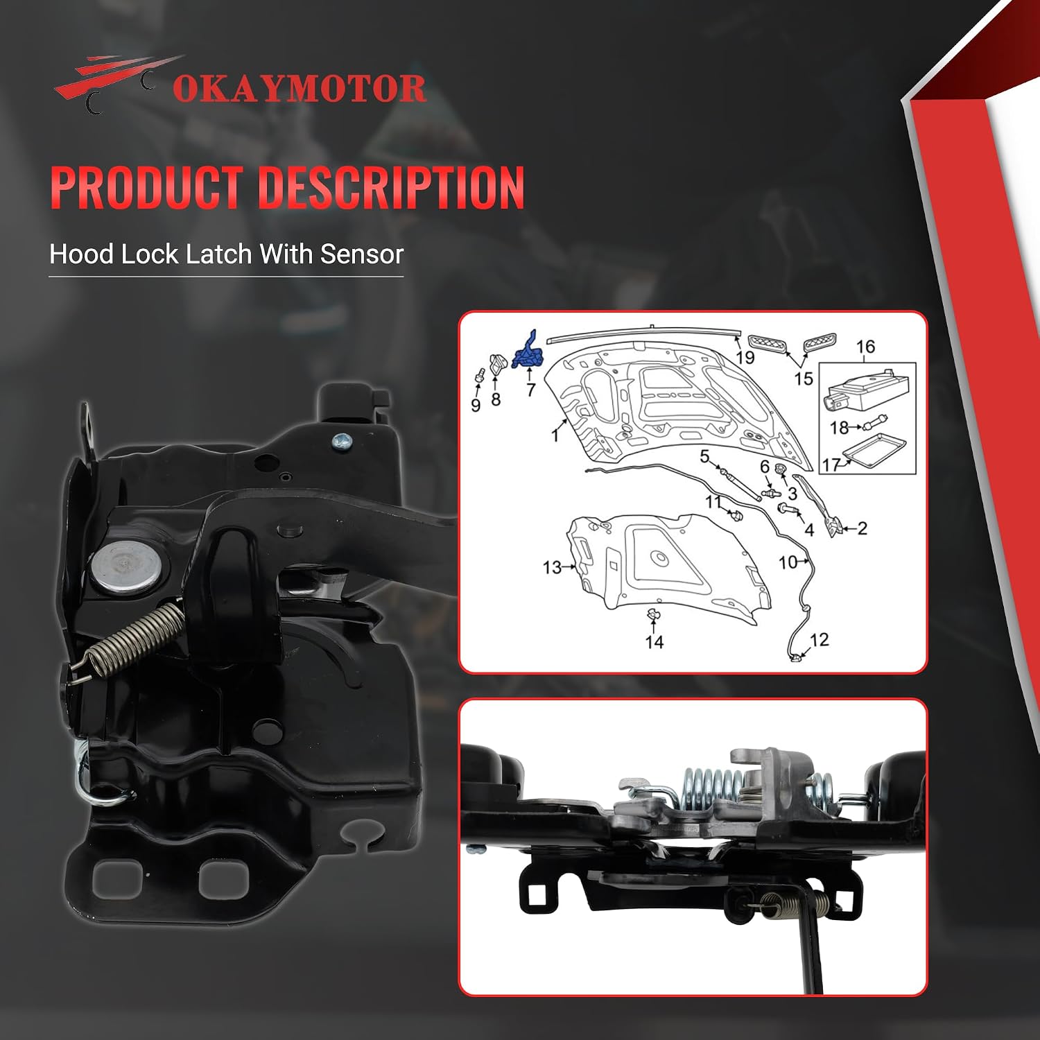 OKAY MOTOR 68159725AA 68159725AB Hood Lock Latch With Sensor for 2013-2023 Ram 1500 2014-2015 Ram 2500 2019-2022 Ram 1500 Classic 3.0L 3.6L 5.7L 6.2L DLA2194