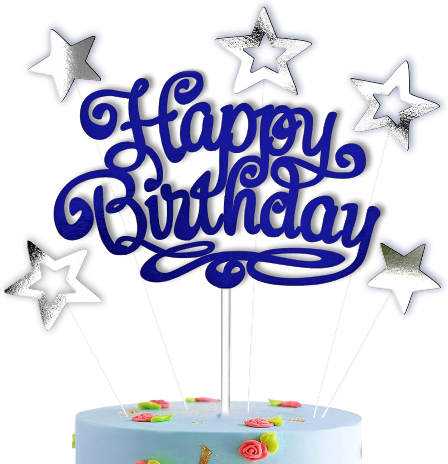 Blue Happy Birthday Cake Topper with 5 Silver-Gold Double Sided Stars Stars