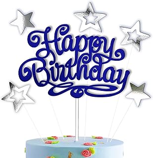 Blue Happy Birthday Cake Topper with 5 Stars Double Sided for Birthday Party Decorations Set Handmade