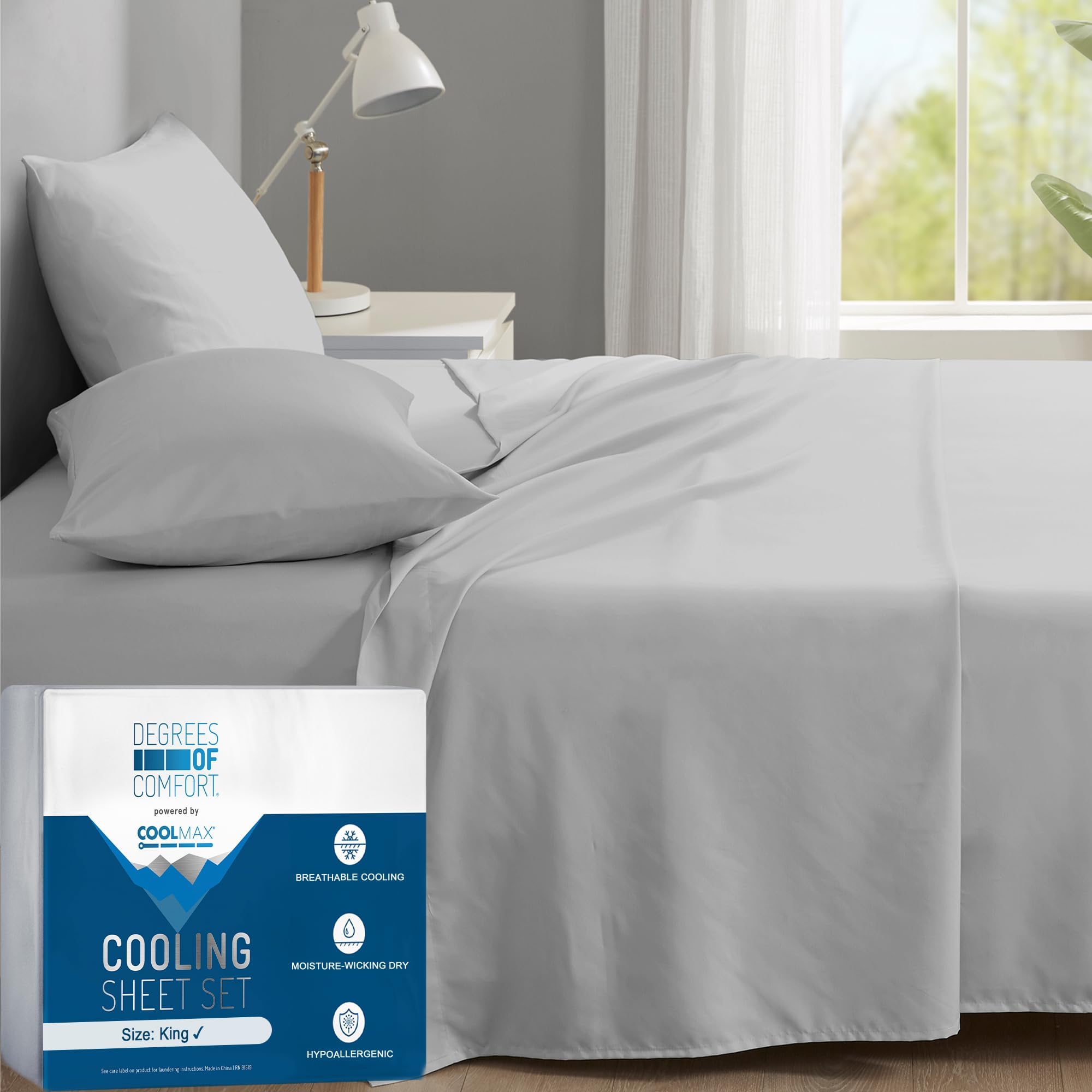 Degrees of Comfort Coolmax® Cooling Bed Sheets King Size for Hot Sleepers, Moisture Wicking Sheet Set for Night Sweats, Deep Pocket, Ultra Soft, Cozy for All Seasons, Light Grey 4 Pieces