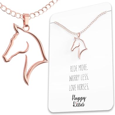 Happy Kisses Horse Necklace - Elegant Horse Themed Jewelry for Girls 8-12 & Women - Charm with Message Card - Equestrian Gifts for I Love Horses and Racing