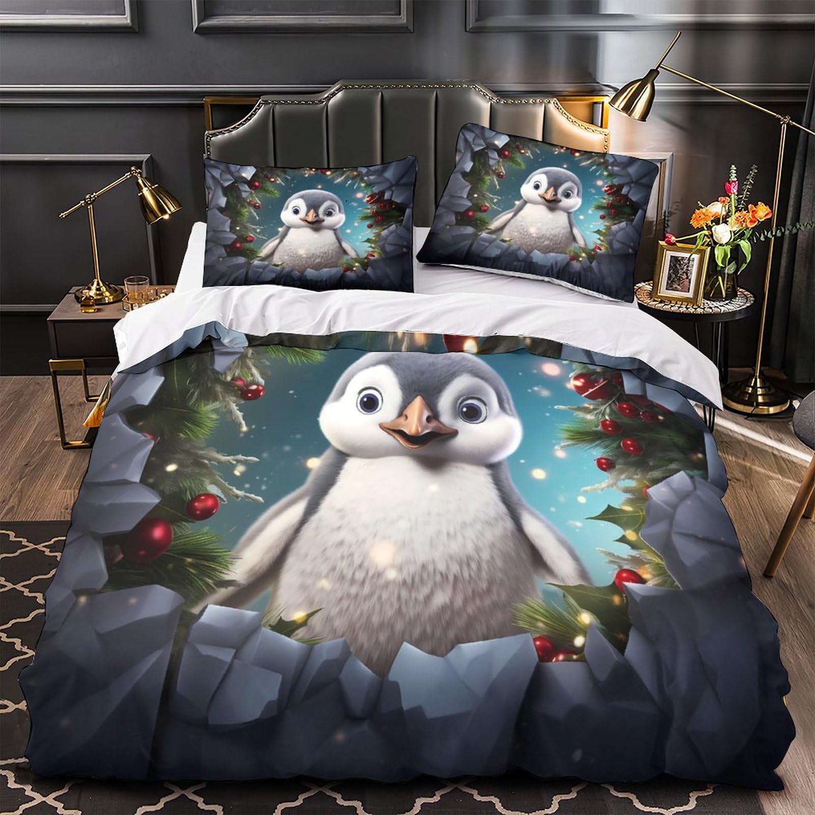 Housse de couette pingouin de Noël enfant 140x200 microfibre
