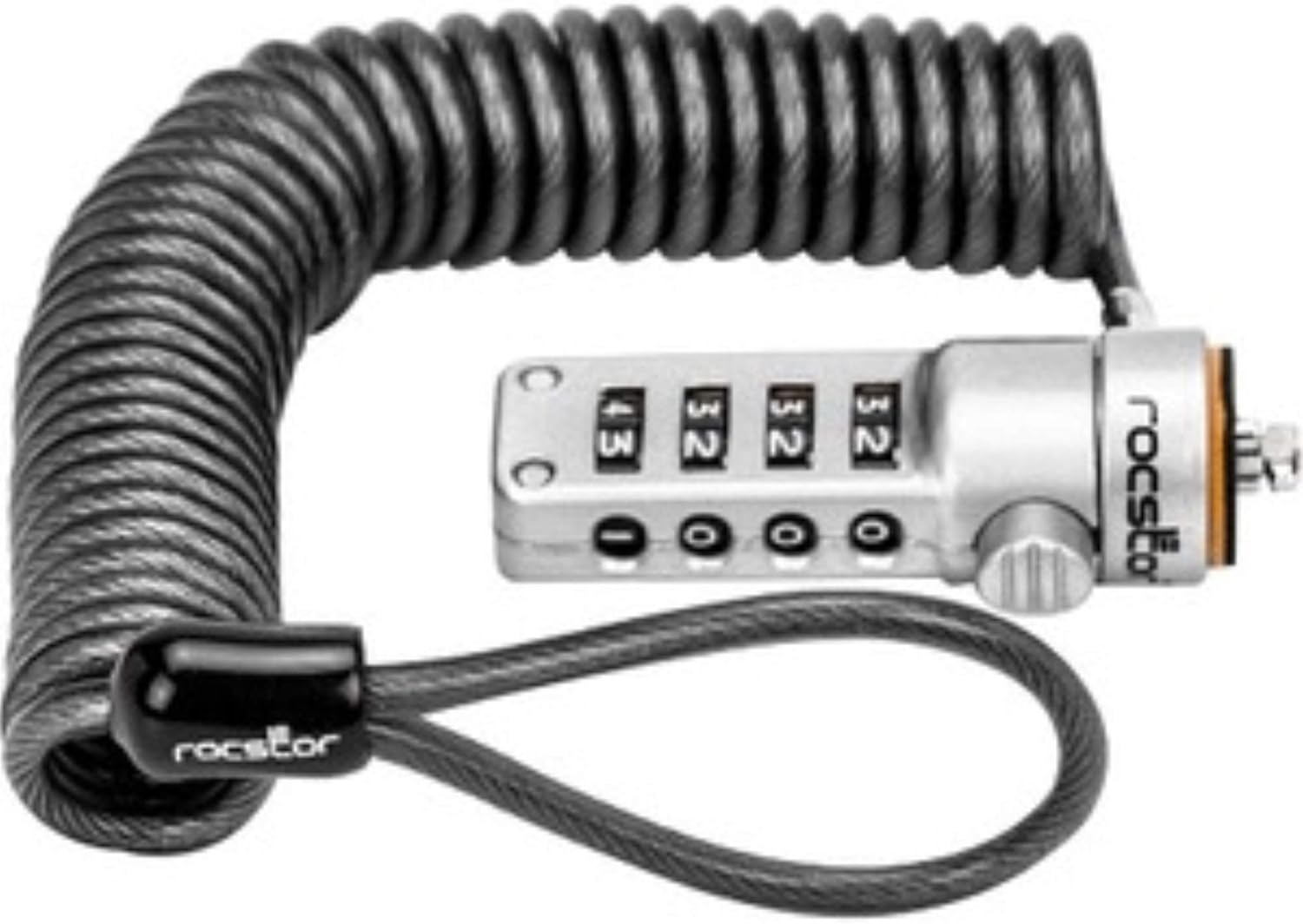 Rocstor Y10C180-B1 Rocbolt Portable Security Cable with Combination Lock and Self-Coiling Steel Cable - Resettable - 4-digit - Galvanized Steel, Zinc Alloy - 6' - for Notebook, Docking Station, Black