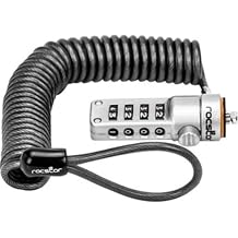 Rocstor Y10C180-B1 Rocbolt Portable Security Cable with Combination Lock and Self-Coiling Steel Cable - Resettable - 4-Digit - Galvanized Steel, Zinc Alloy - 6 - for Notebook, Docking Station, Black