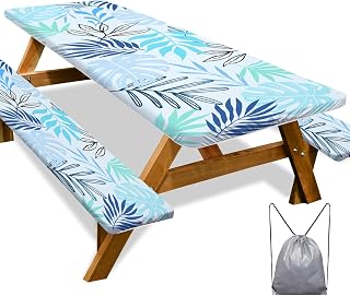 Play Tailor Picnic Table Cover with Bench Covers 8FT 3 Pcs Waterproof Windproof Camping Tablecloth with Drawstring Bag, Fitted Rectangle Tables and Seats, 96in, Light Green Blue