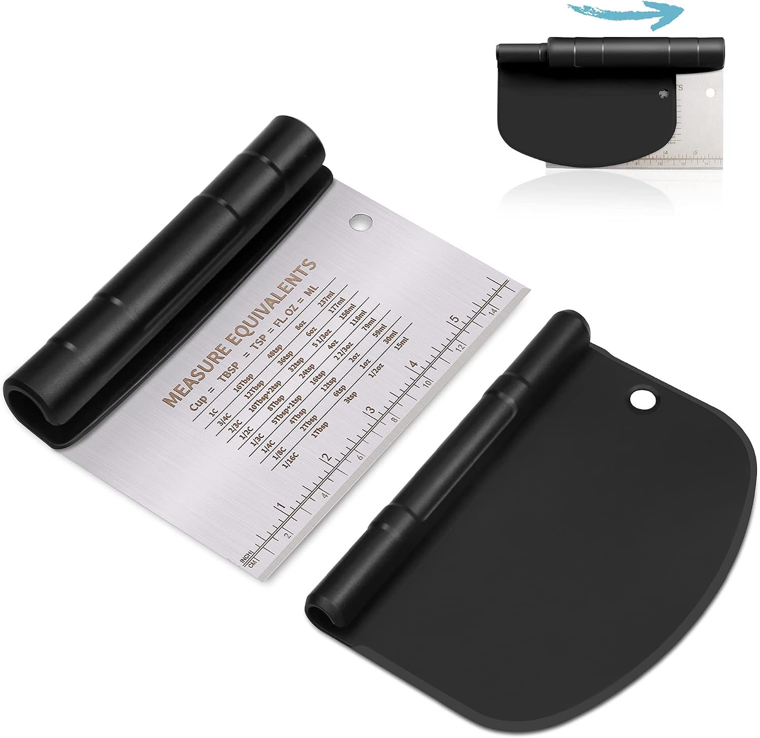 NanaHome Bench Scraper for Baking, Stainless Steel Dough Scraper Cutter and Flexible Plastic Bowl Scraper Set - Pastry, Pizza Cutter, Baking Tools with Measurement, 2 in 1 Kitchen Scraper (Black)