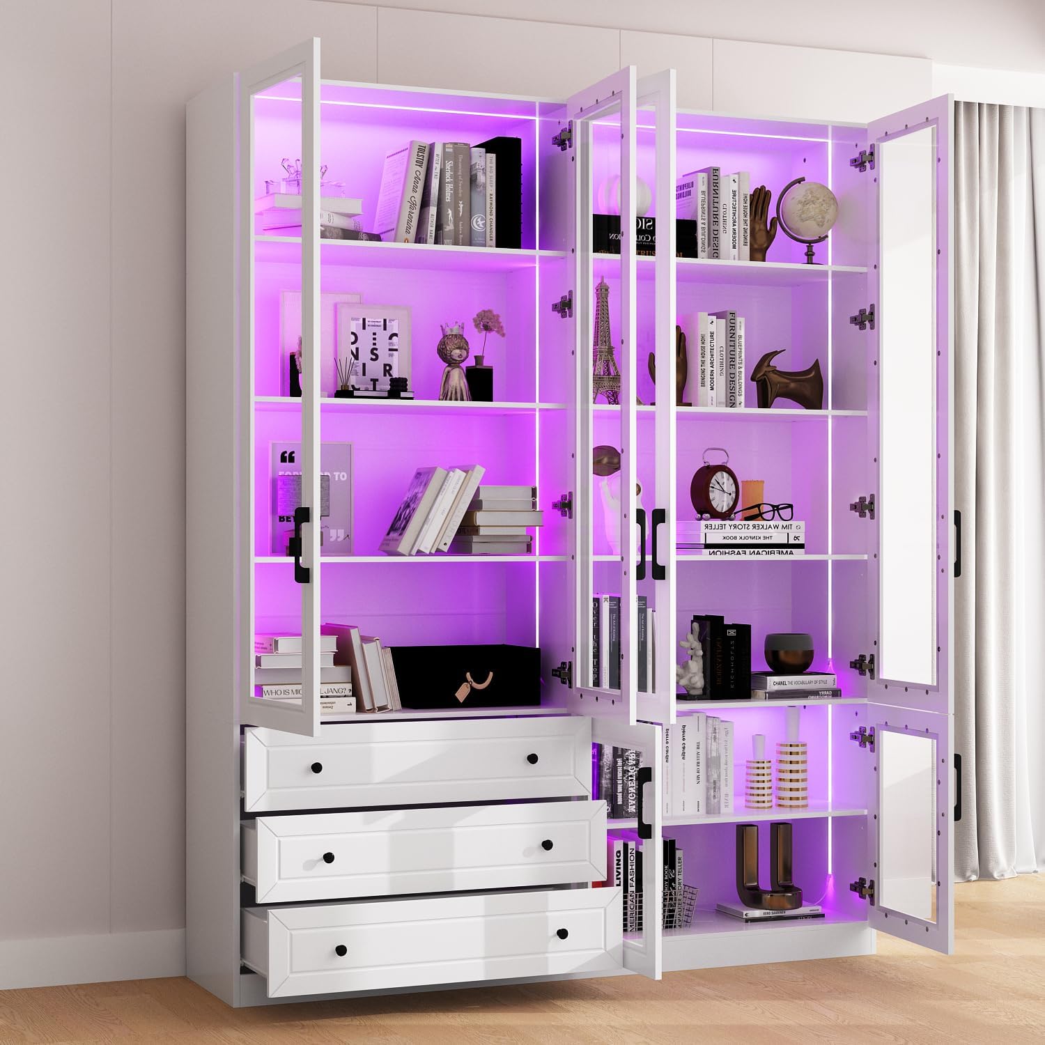 Display Cabinet with Glass Doors, 63" W Bookshelf with Lights in 7 Color Mode, Large Home Office Storage Cabinet with 3 Drawers, Collectibles Cabinet Display Case for Living Room, White