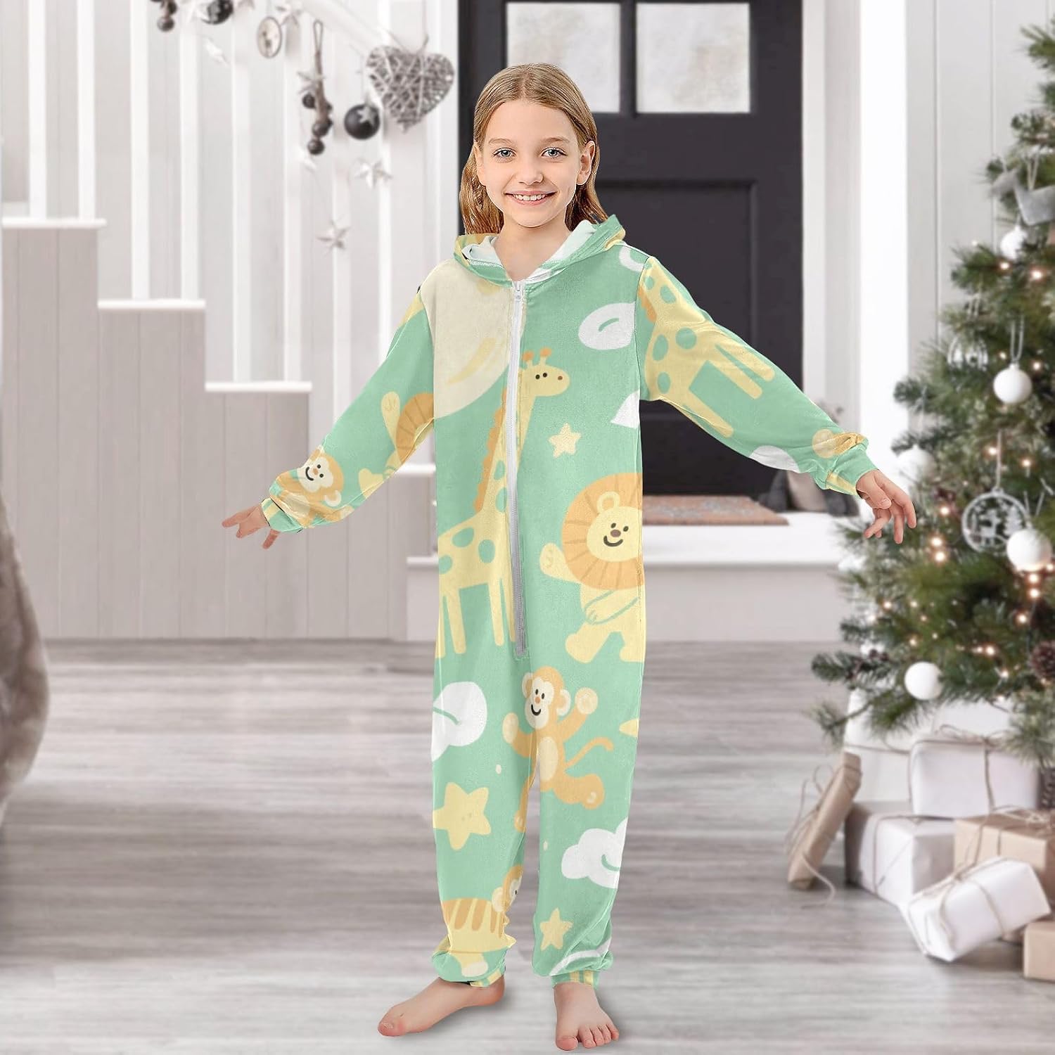 Onesie Pajamas Zipper Hooded Sleepwear Holiday Loungewear for Unisex 4-14Y