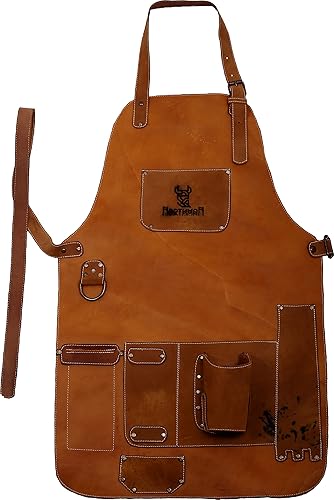 Miniatura 8 de Delantal de cuero 100% auténtico, hecho a mano para barman, chef, carnicero, metalúrgico, carpintero, herrero, camarero, Marrón, camello y marrón