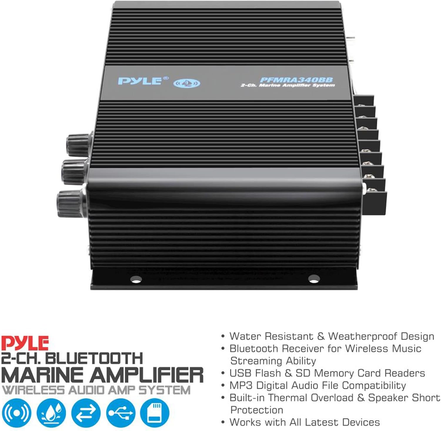 2-Channel Bluetooth Audio Marine Amplifier - 200 Watt Power Compact Weather Resistant Audio Amp Wireless Receiver System w/ MP3,USB,SD Reader,LCD Digital Screen-Pyle(PFMRA340BB.5)