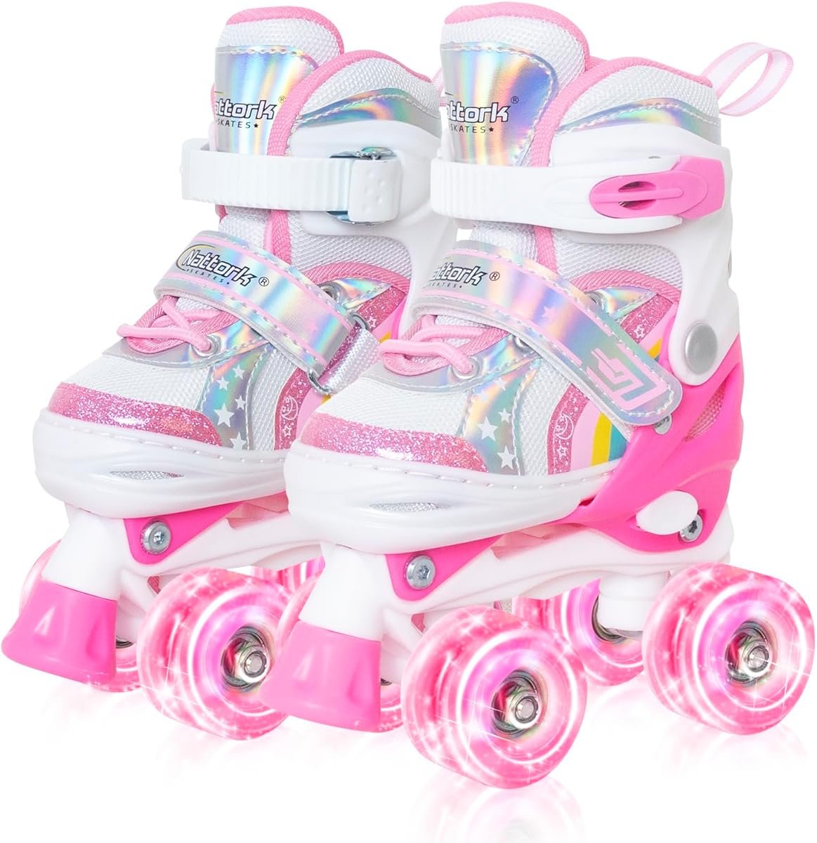Nattork Girls Roller Skates for Kids, 4 Size Adjustable Rainbow Quad Skates with All Light Up Wheels - Best Birthday Gift for Outdoor Sports