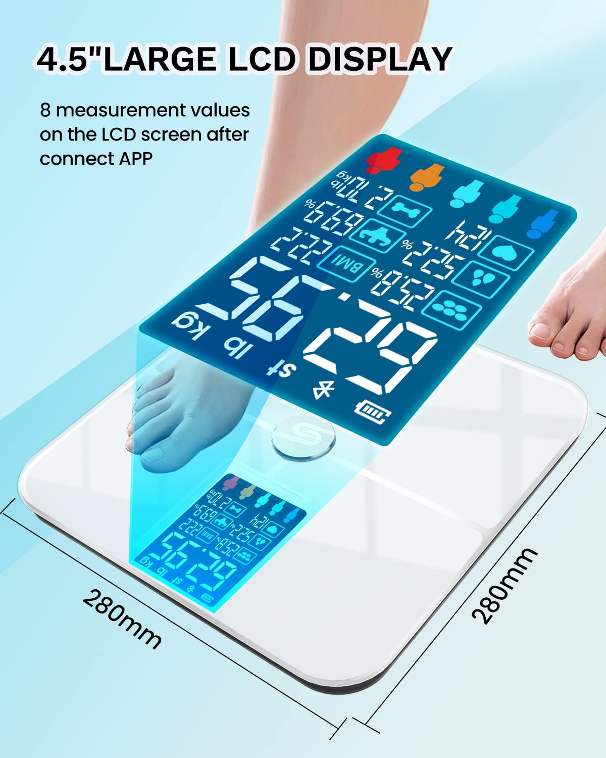 Smart Scale for Body Weight, Digiatl Weight Scale with Large LCD Display, 17 Body Composition Analyzer Sync to APP, Bathroom Body Fat Scale for BMI, BMR, Heart Rate, 400lb,White.
