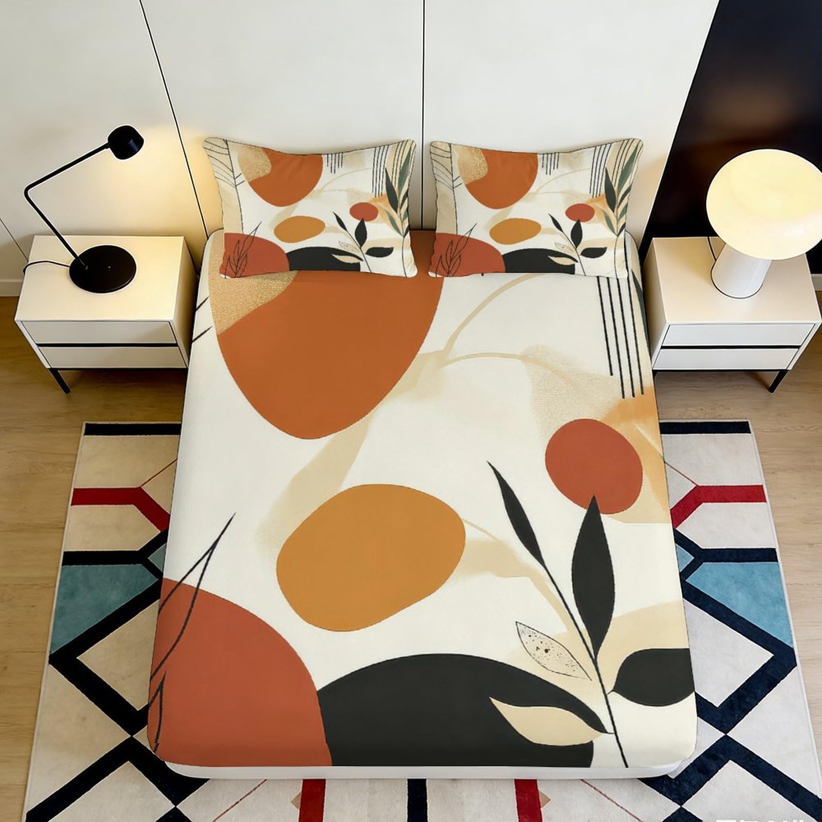 3D Printed Abstract Geometric Fitted Sheet Microfiber Soft Orange Black Artistic Mattress Cover for Bedroom Guest Room Decor 90x200x25cm