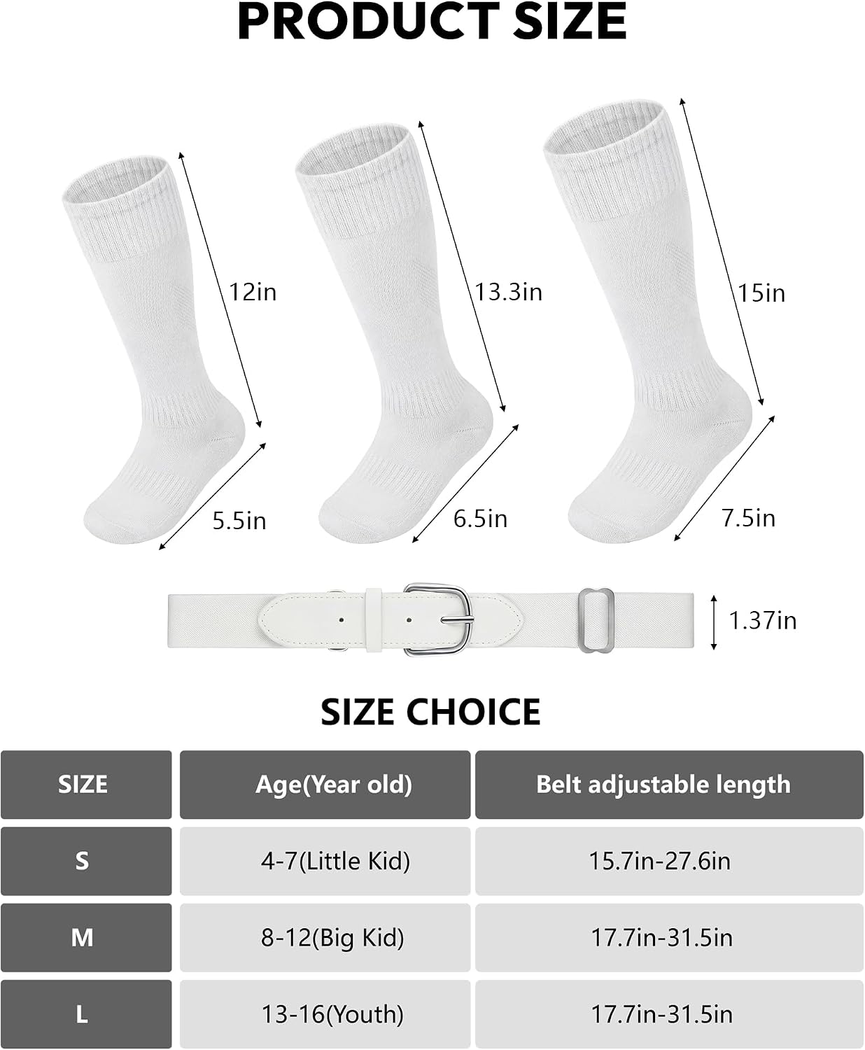 HONGTEYA Youth Baseball Socks and Belt Combo Set,Youth Softball Socks and Adjustable Baseball Belt for Boys Girls
