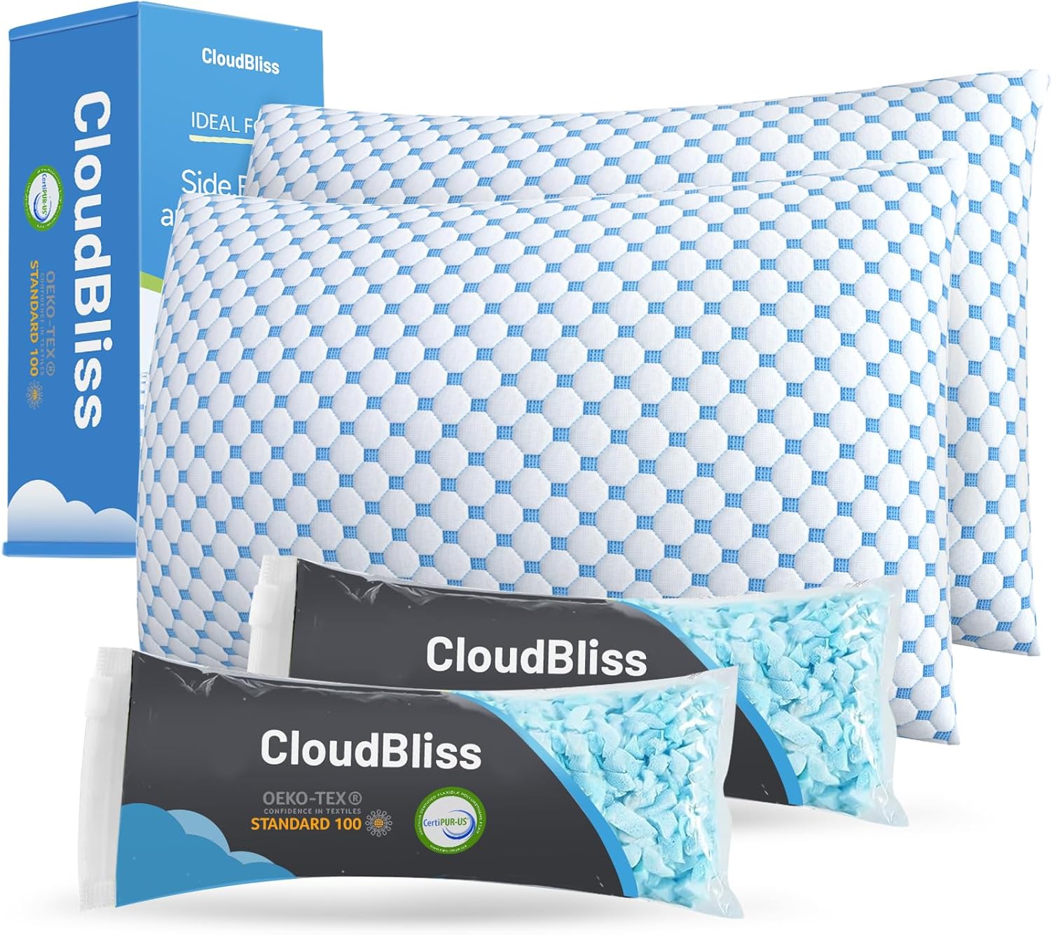 CloudBliss Cooling Bed Set of 2 Pillows for Sleeping, Shredded Memory Foam Pillows with Washable & Breathable Pillowcase, Adjustable Height Pillow for Side, Back and Stomach Sleepers, Queen Size