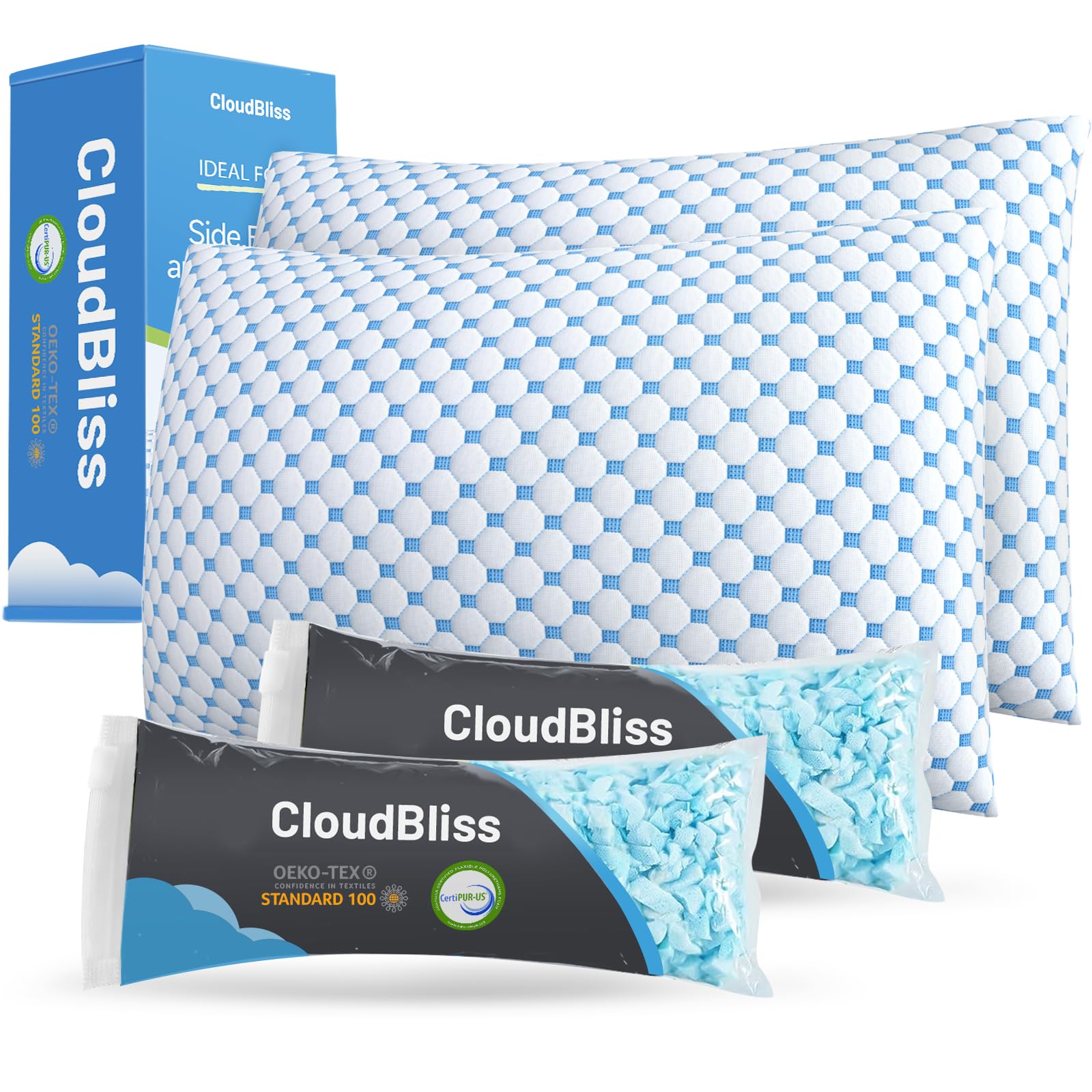 CloudBliss Poduszka z rozdrobnionej pianki do spania, 2 szt., standardowa