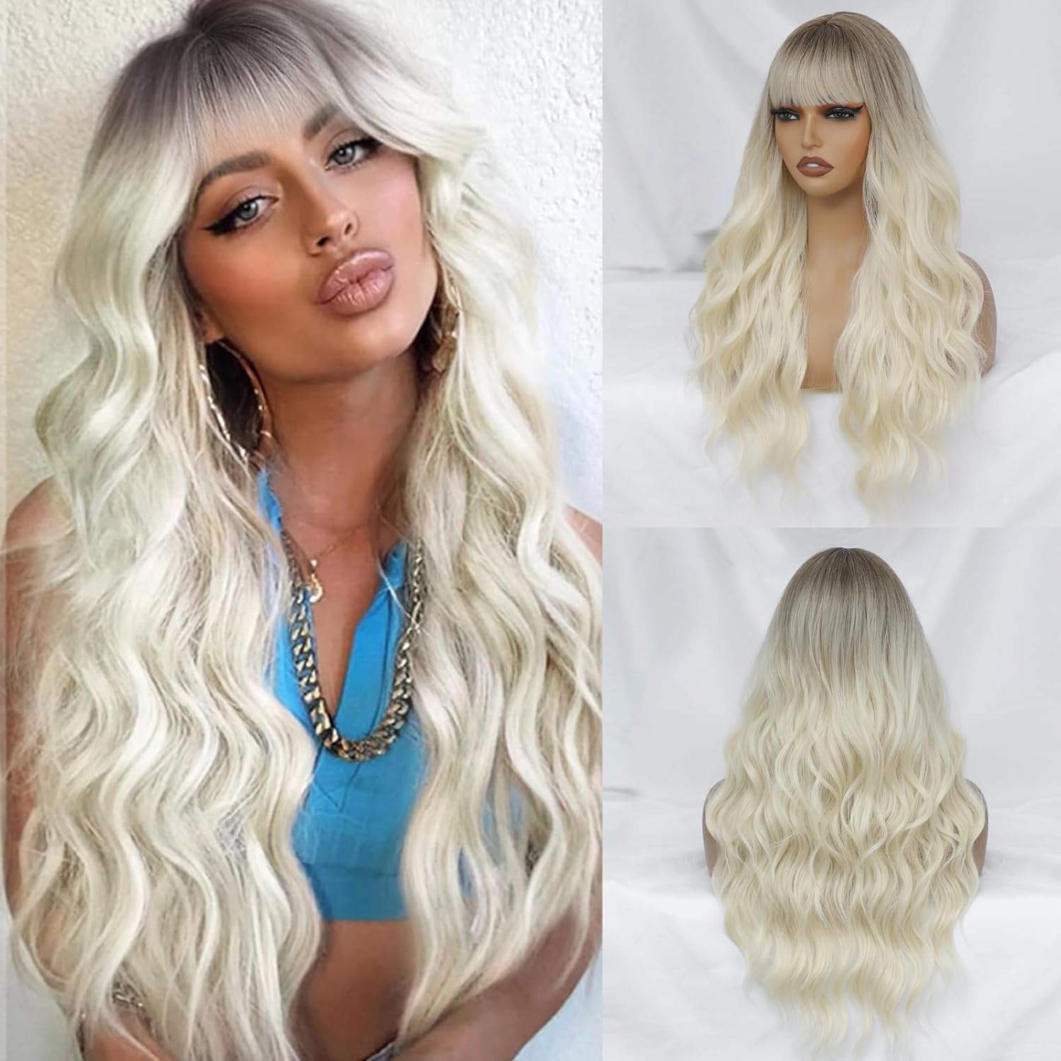 MINLEE Platinum Blonde Wig with Bangs for Women 26 Inch Long Wavy Wig Blonde Hair Wigs Heat Resistant Synthetic Wig for Daily Party Use