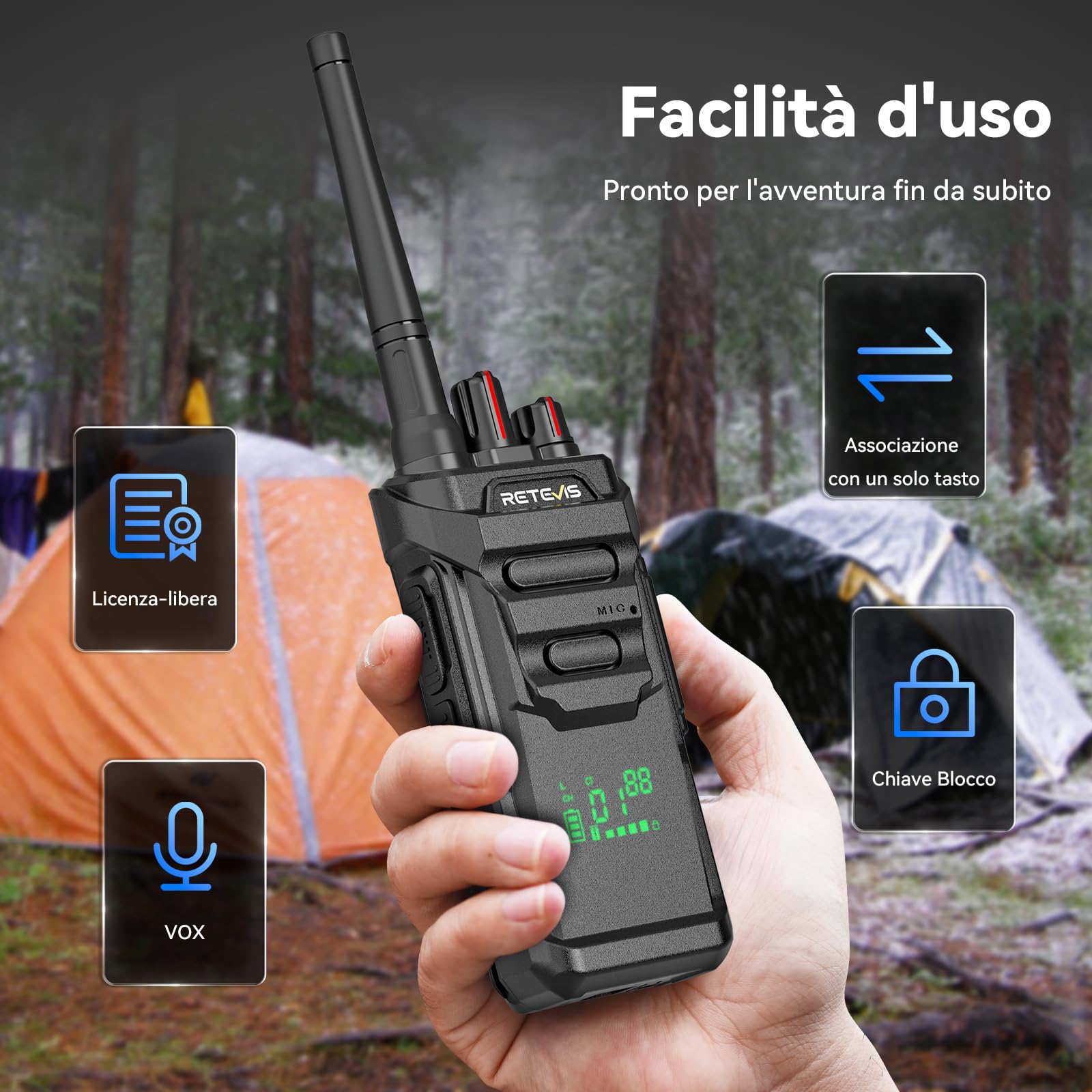 Retevis RT648H Walkie Talkie senza Licenza, IP67 Wolky Toki 3 Protezioni, Display Integrato, Ricarica USB, 1500 mAh, Radio Bidirezionale a Lungo Raggio per Logistica, Magazzini (Confezione da 2)