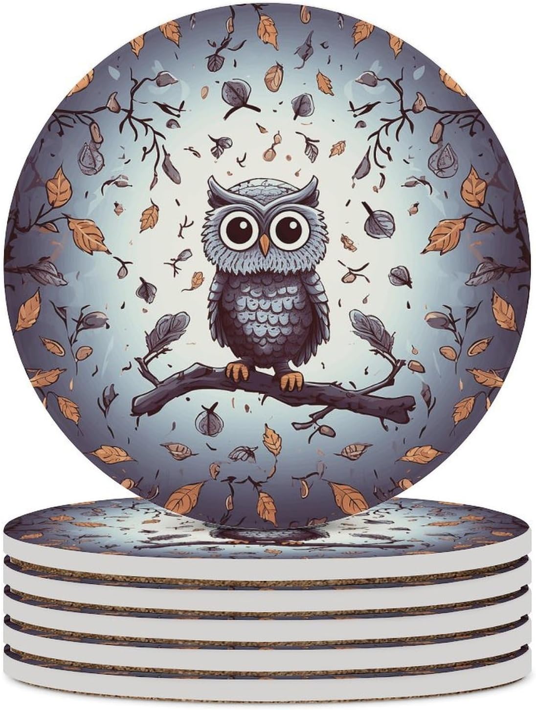6PCS Owl Tree Branches Coasters Non-Slip Round Drink Coasters with Ceramic Stone and Cork Base, Heat Resistant Absorbent 33.00Stone Coaster Set for Kinds of Mugs and Cups, 4 Inch