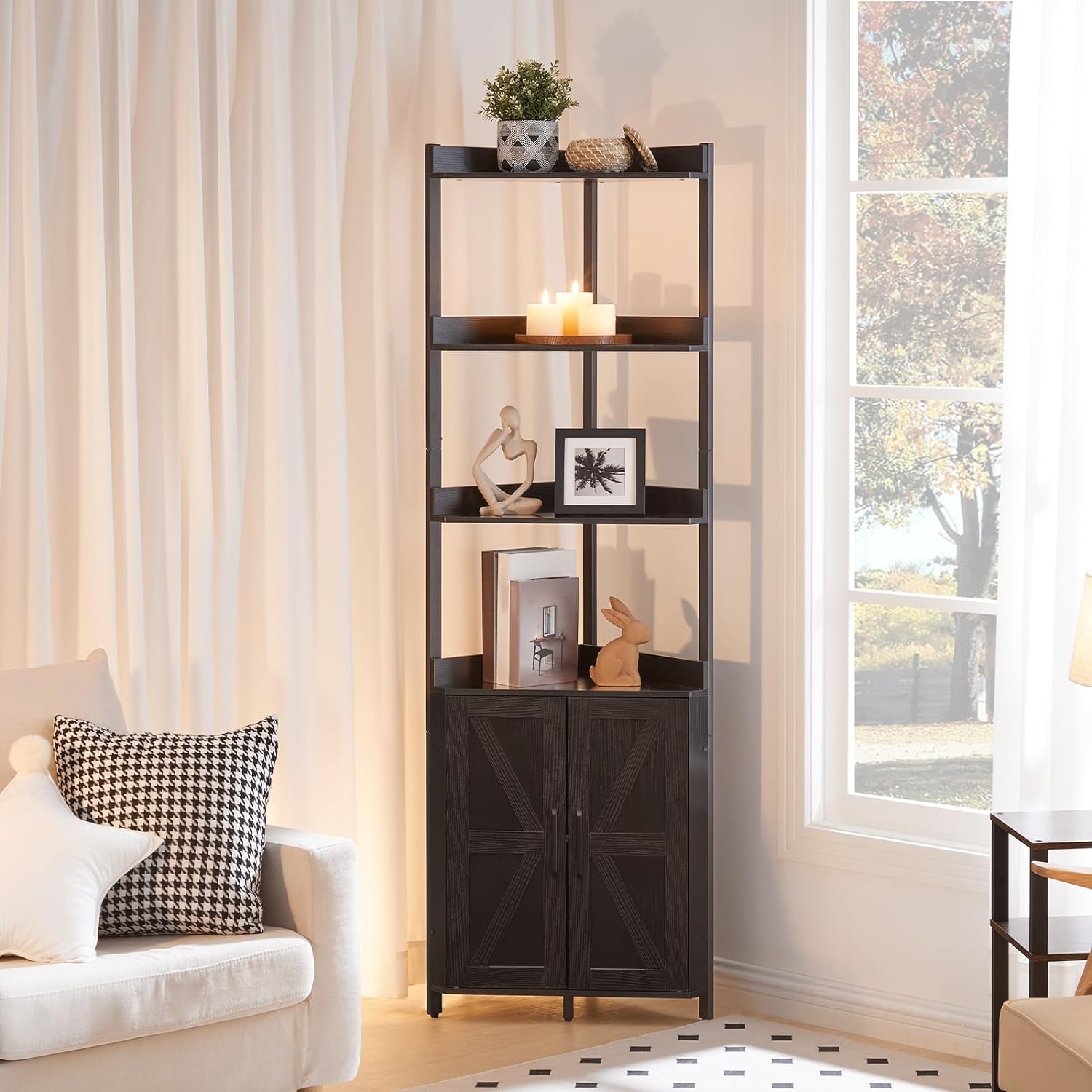 HOOBRO Corner Shelf with Storage and Narrow Corner Shelf Stand Bundle, 5-Tier Bookshelf Stand with Protective Fence, Standing Display Shelf Plant Stand, BB78CJ01-BB100CJ01