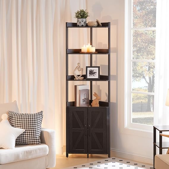 HOOBRO Corner Shelf with Storage, Tall Corner Storage Cabinet, 5-Tier Corner Bookshelf with Protective Fence, for Living Room, Black BB78CJ01