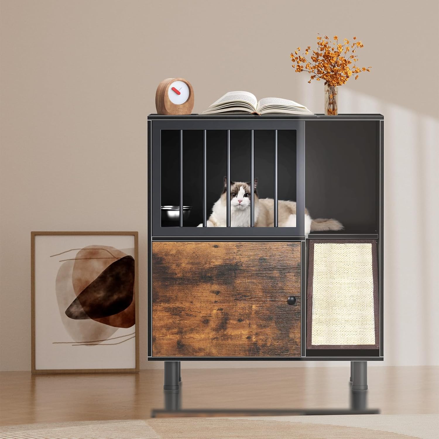 Wood Dog Proof Cat Feeding Station with Storage Box and Removable Bowl, Outdoor Cat Feeding Table with Scratching Board, Vintage Pet Furniture for Indoor