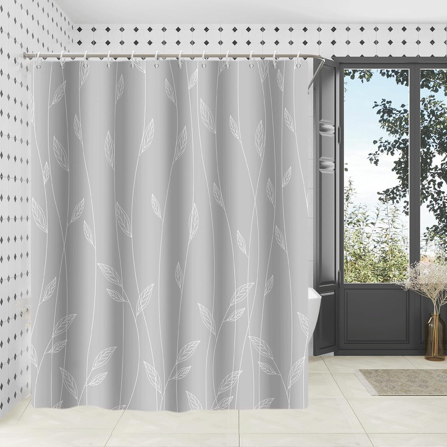 Abstract Leaves Shower Curtain Modern Minimalist Plant Leaves Gray White Bathroom Curtains Waterproof Fabric Boho Geometric Lines Shower Curtain Set with 12 Hooks, 72x84in