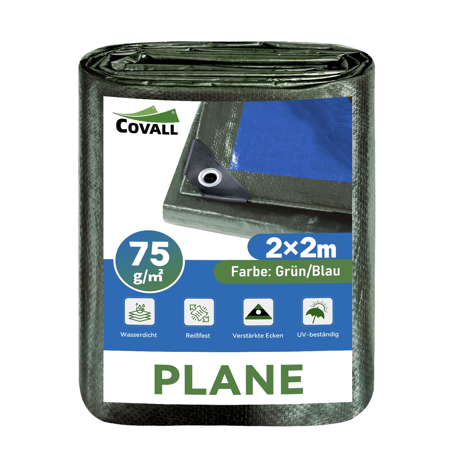 COVALL Blaue Abdeckplane 2 m x 2 m 75GSM HDPE-Schutzplane mit UV-Schutz & rostfreien Ösen,Reißfeste wetterfeste Plane für LKW Deckel，Camping, Garten, Holz, Dach & Pflanzen