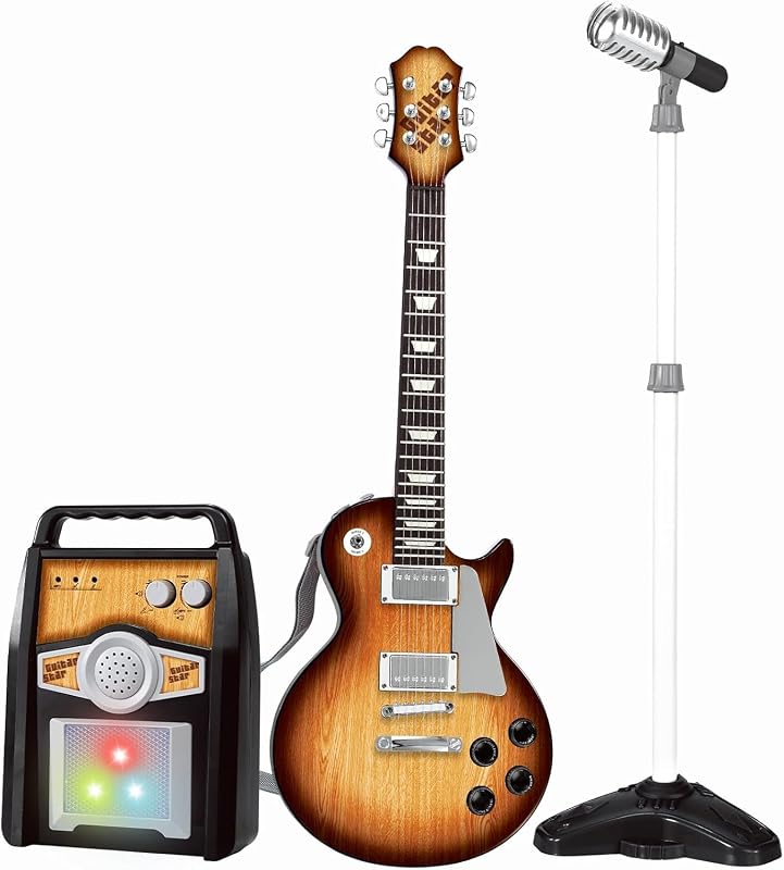 Juego de guitarra musical, micrófono de altura ajustable, juego de amplificador con soporte, luz musical, karaoke, juguetes musicales, cumpleaños para niños, niñas | Altura 37 pulgadas, Juguete musical interactivo 3 en 1, Luces y sonidos, Canciones de demostración, Entrada auxiliar Plástico, Regalo de juego de simulación para niños de 3 a 5 años