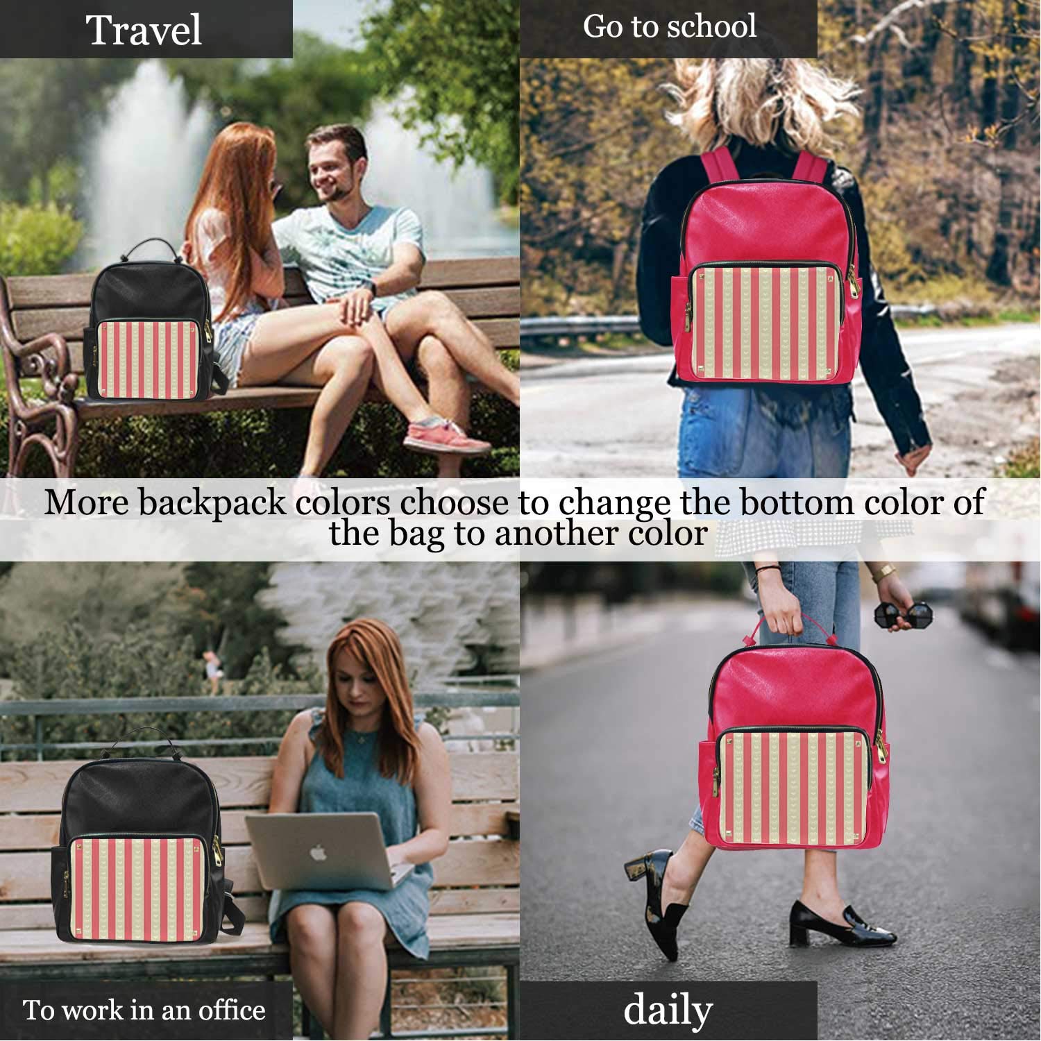 Colorful,Leather Sports Bag Tile of Carmine and Pale Orcher Stripes with Heart Shapes Romantic Jeffcyb Art Tote ?for Women 15IN