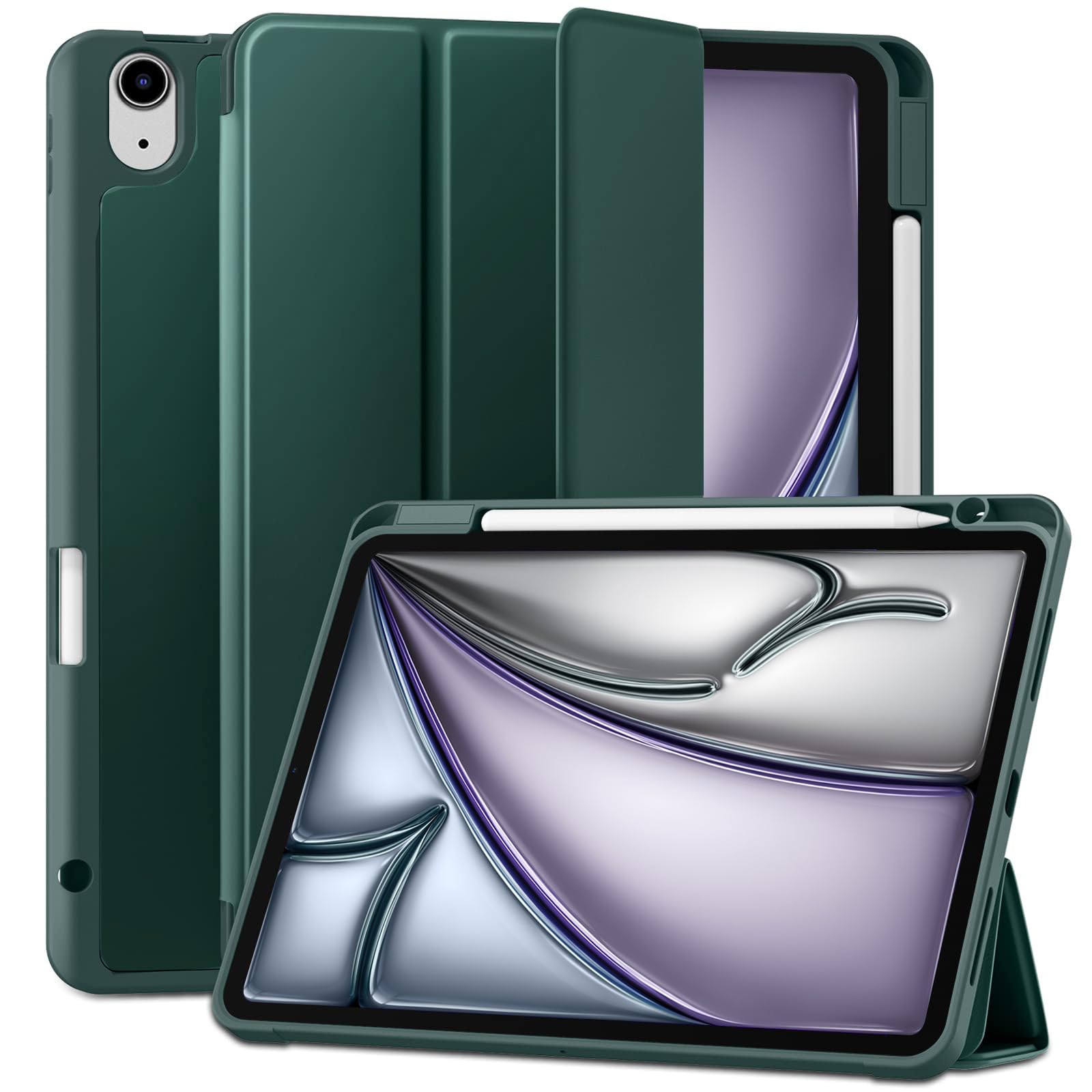 Maledan Case for iPad Air 11 Inch 2024 M2/ 2025 M3, iPad Air 5th 4th Generation Cover(10.9 Inch 2022/2020) with Pencil Holder, Flexible TPU Back Support Pencil Charging, Auto Sleep/Wake, Pine Green