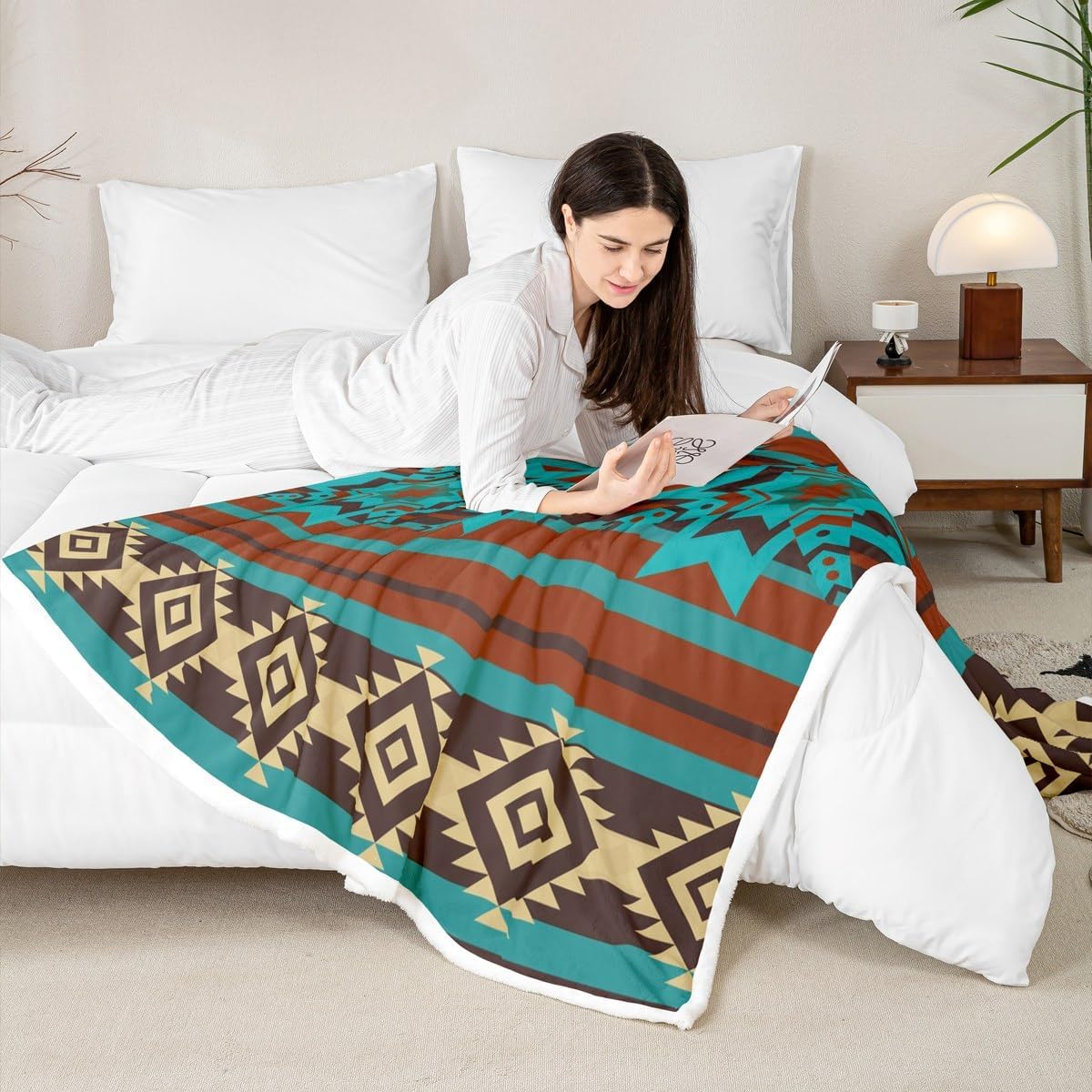jejeloiu Green Red Southwestern Aztec Fleece Throw Blanket Baby 30"x40" Geometric Sherpa Blanket Plush Fuzzy for Kids Bohemian Boho Tribal Rustic for Bed Couch Chair Living Room Teens Decor